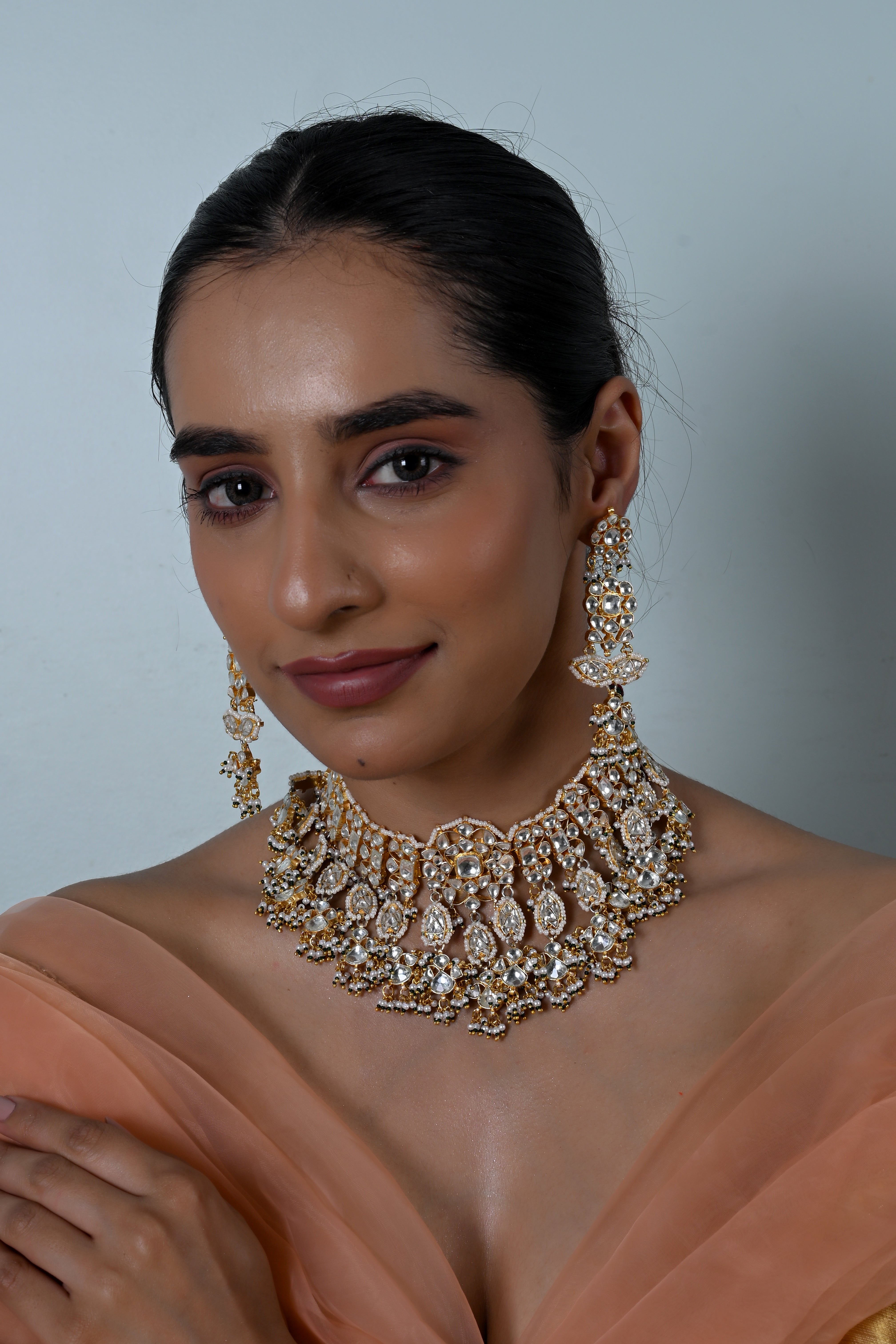 SJN1251- White Colour Gold Plated Jadau Kundan Necklace With Earrings