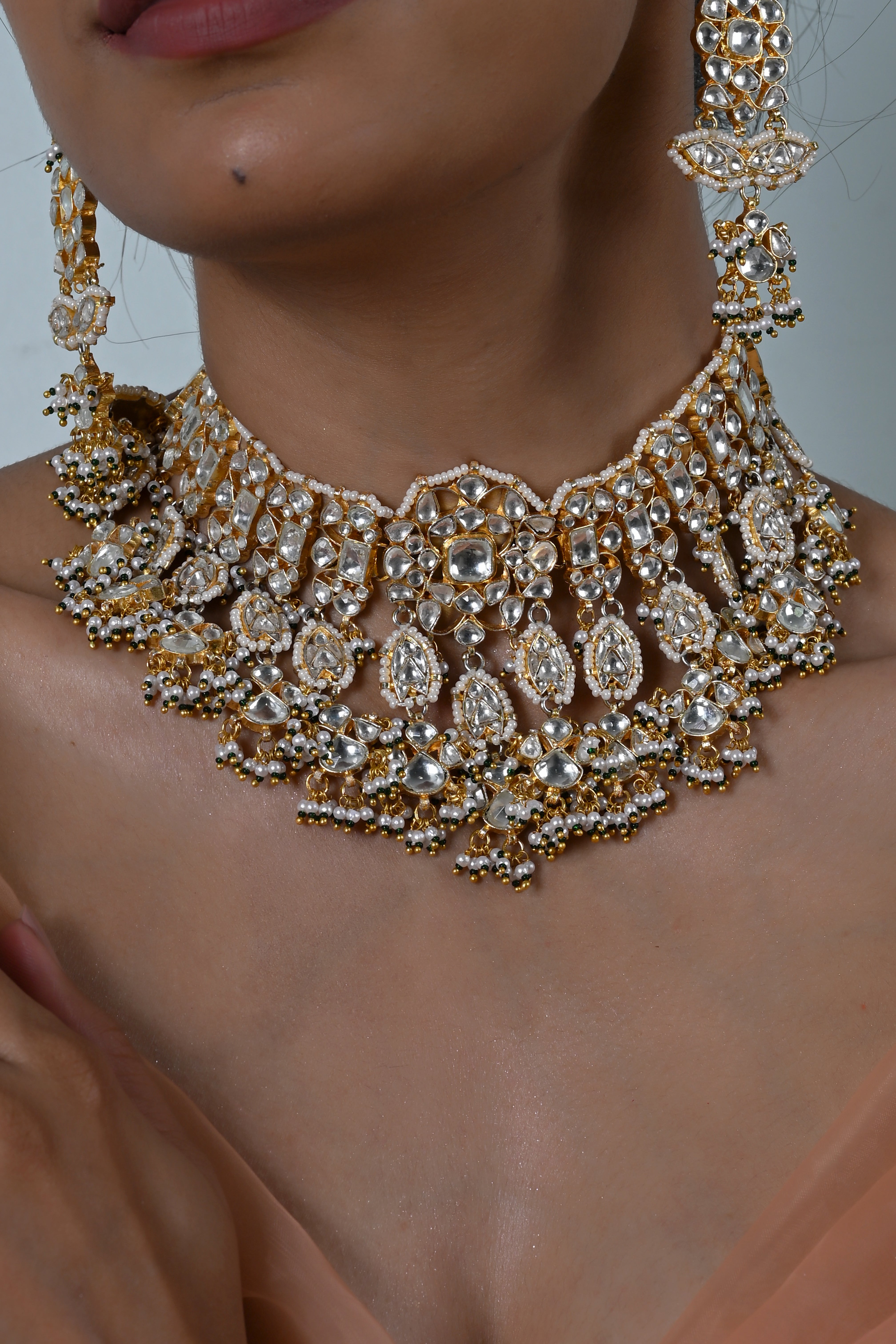 SJN1251- White Colour Gold Plated Jadau Kundan Necklace With Earrings