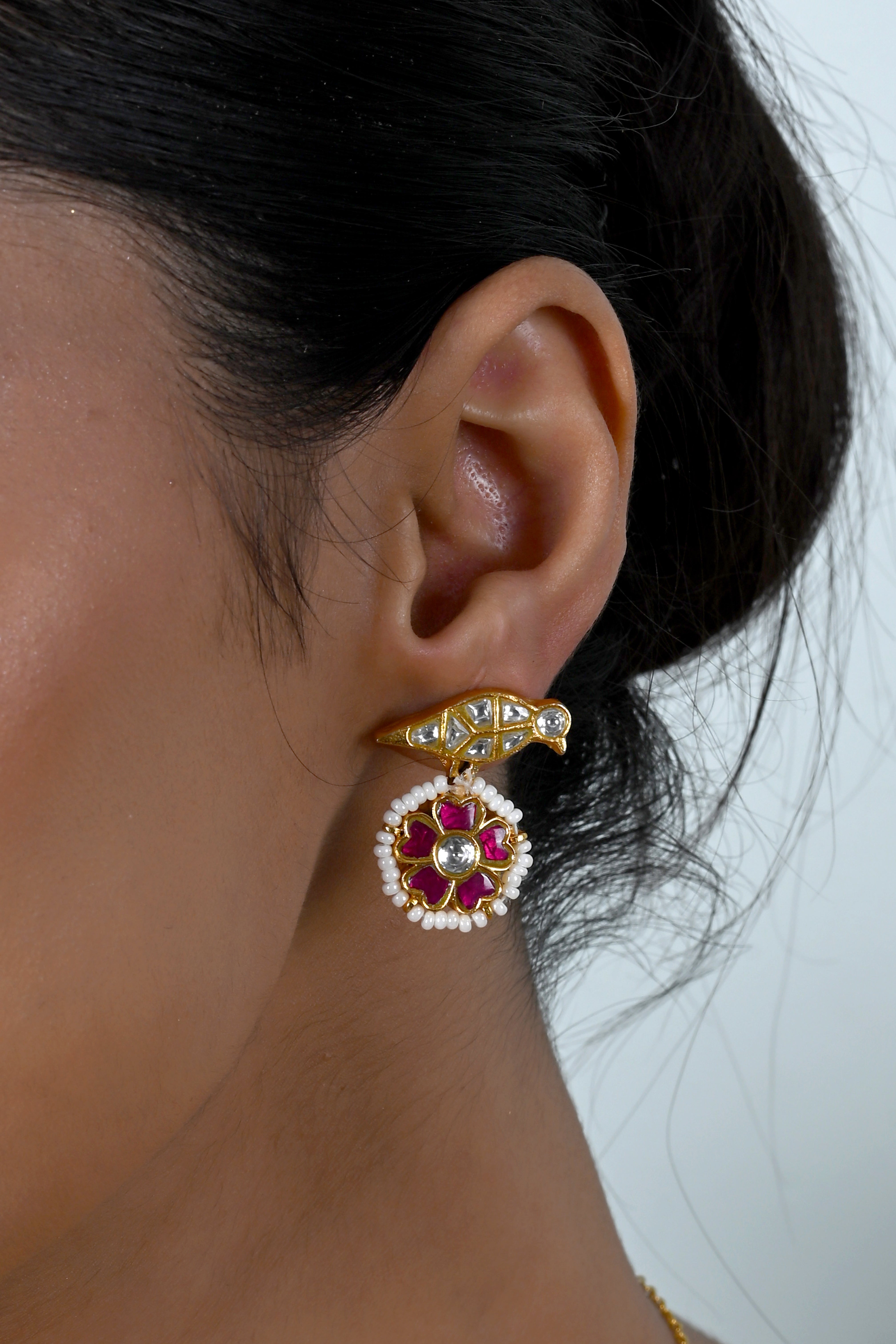 SJN1254- Pink And White Colour Gold Plated Jadau Kundan Temple Pendant with Earrings