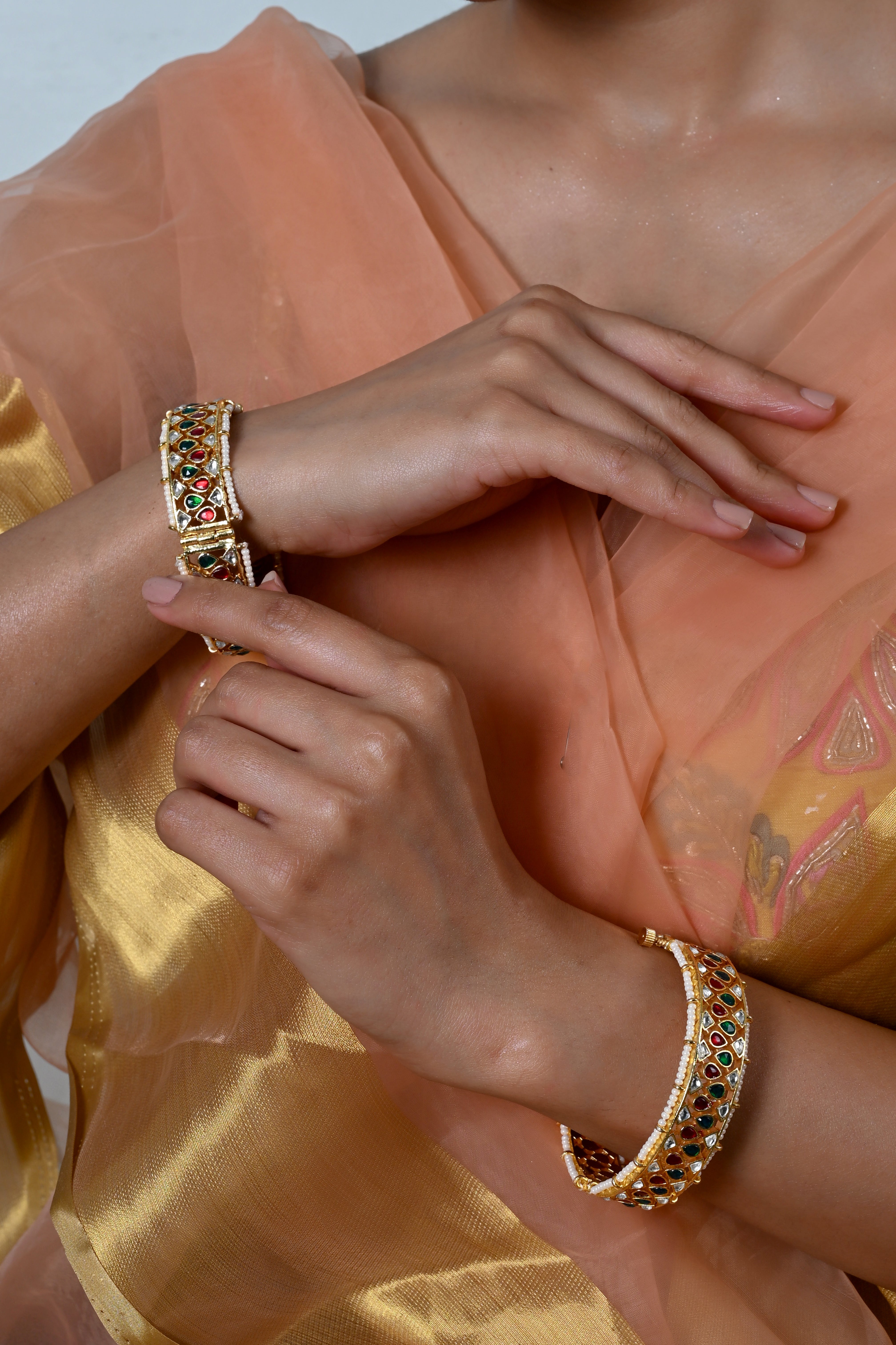 SJB1037- Pink And Green Colour Gold Plated Jadau Kundan Bangle