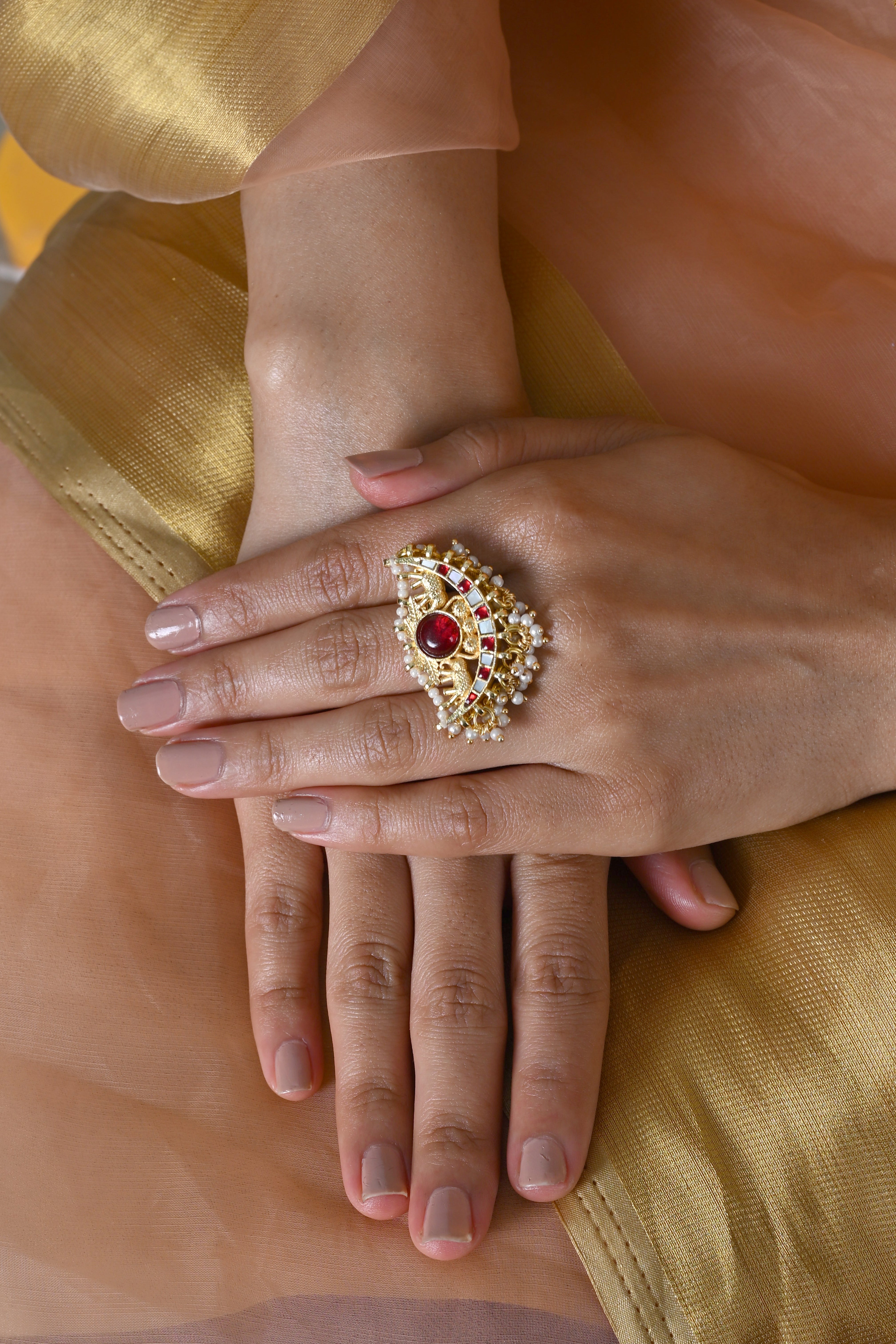 SJR0038- Red & White Colour Gold Plated Jadau Kundan Heritage Ring