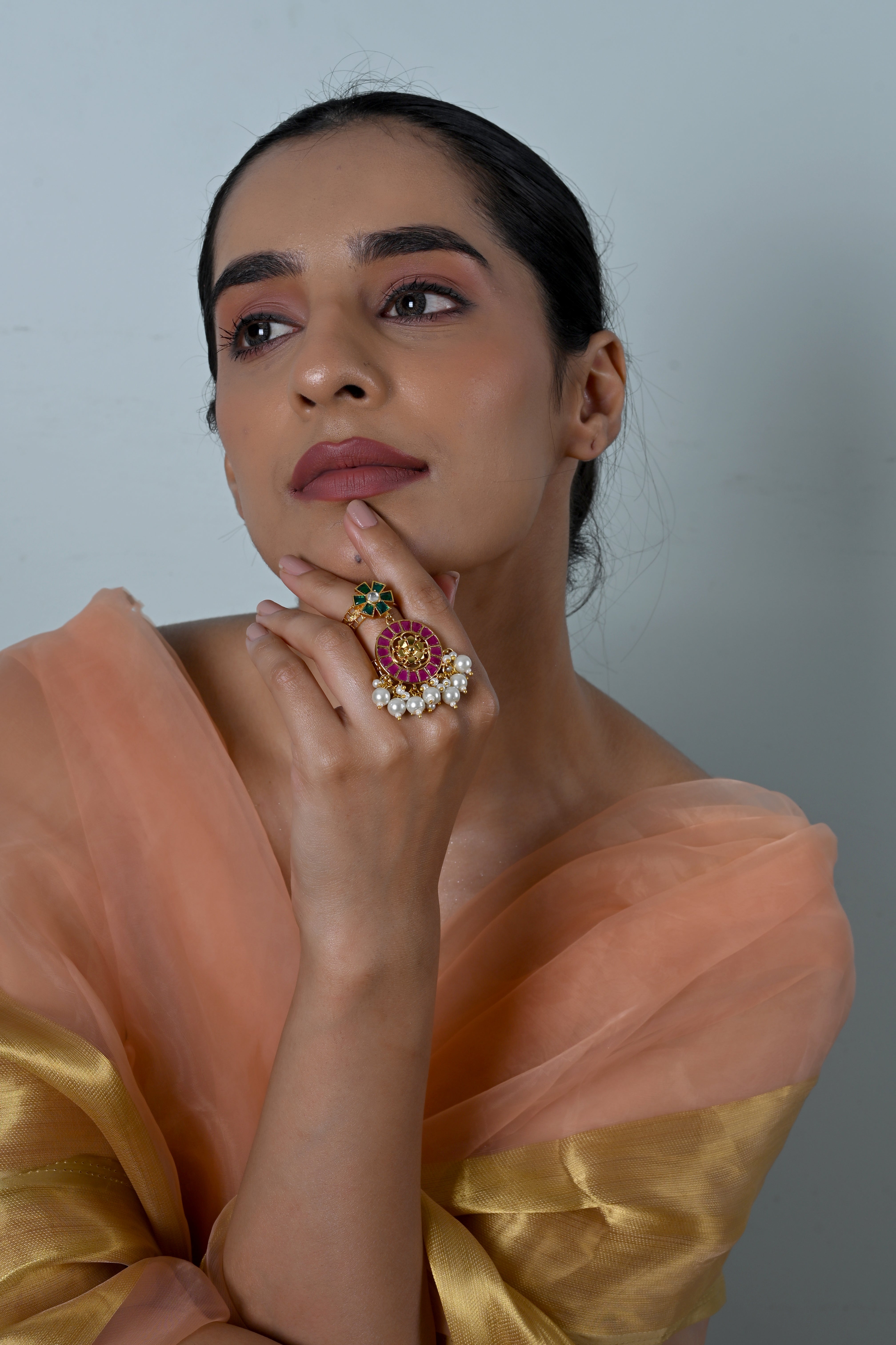 SJR0040- Multiolour Gold Plated Jadau Kundan Heritage Ring