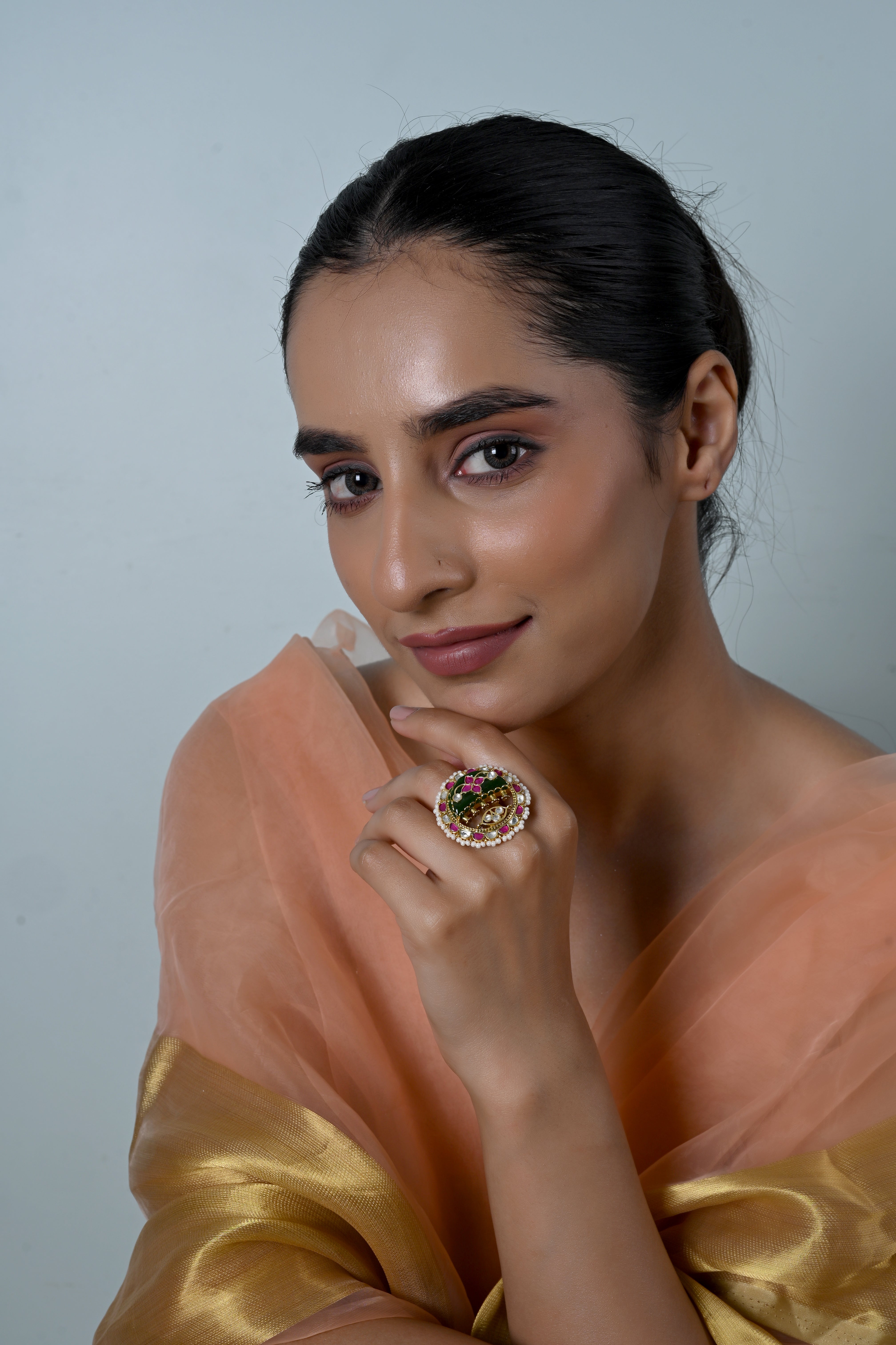 SJR0042- Multiolour Gold Plated Jadau Kundan Heritage Ring