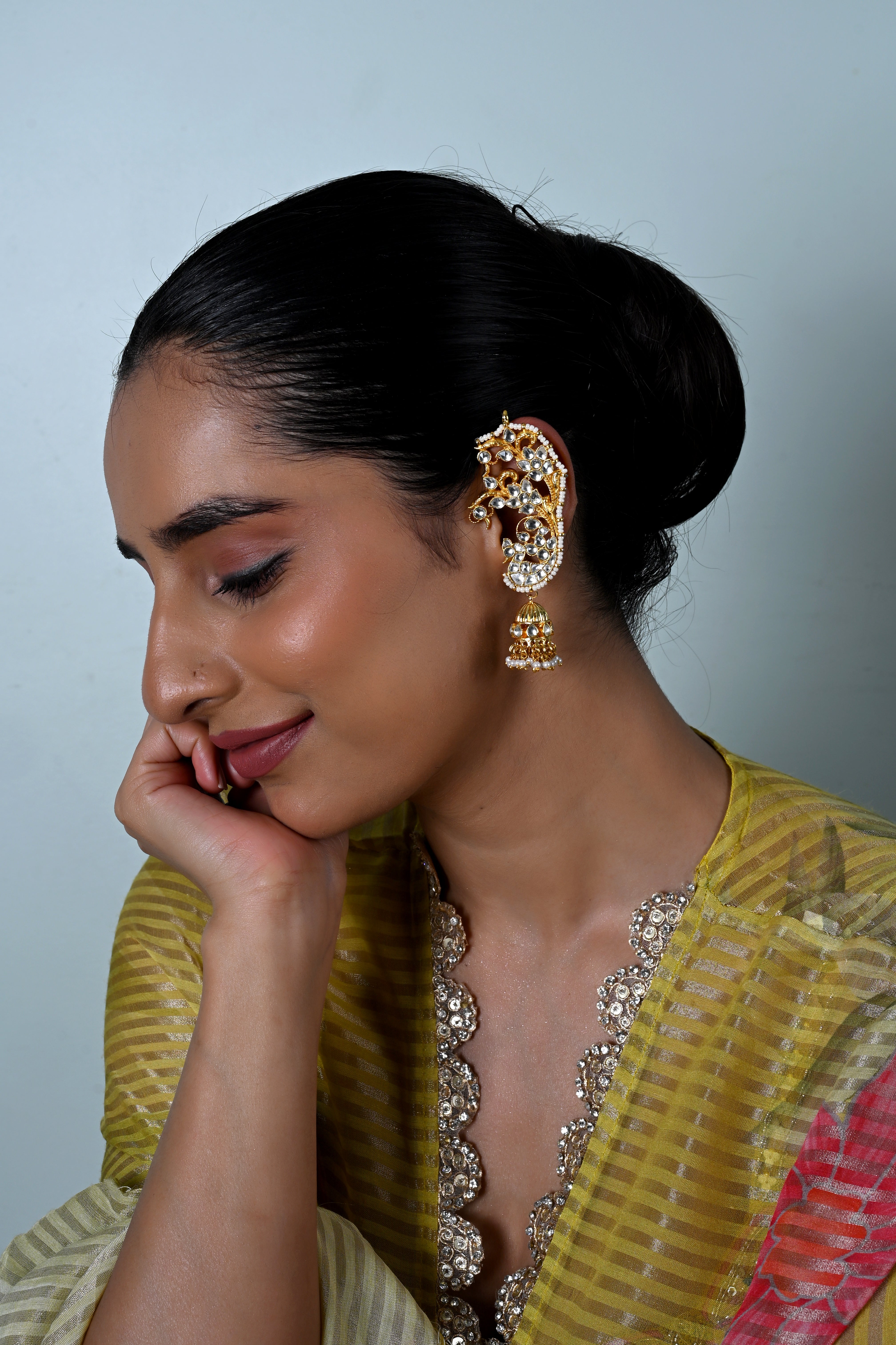 SJE1139- White Colour Gold Plated Jadau Kundan Ear Cuffs