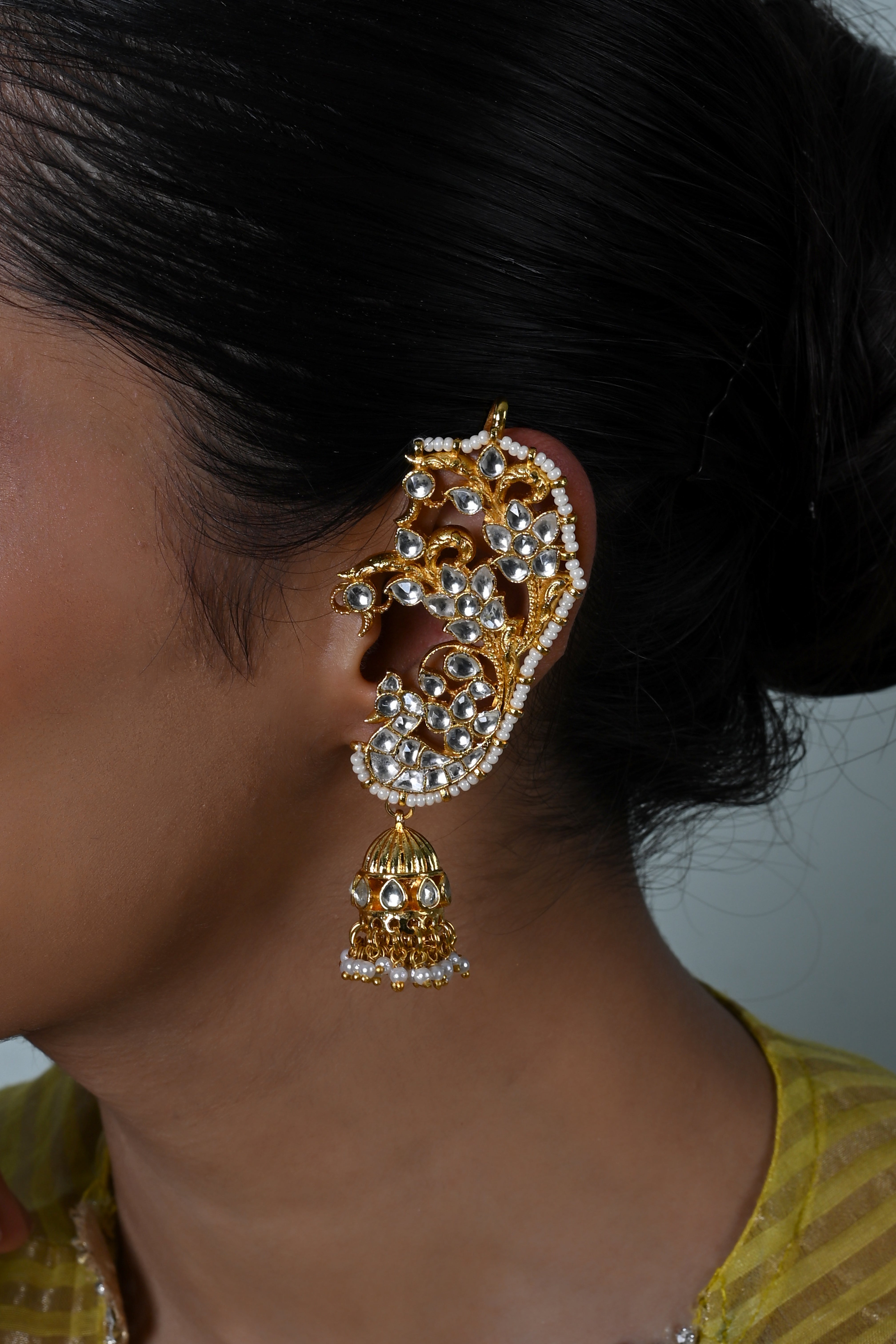 SJE1139- White Colour Gold Plated Jadau Kundan Ear Cuffs