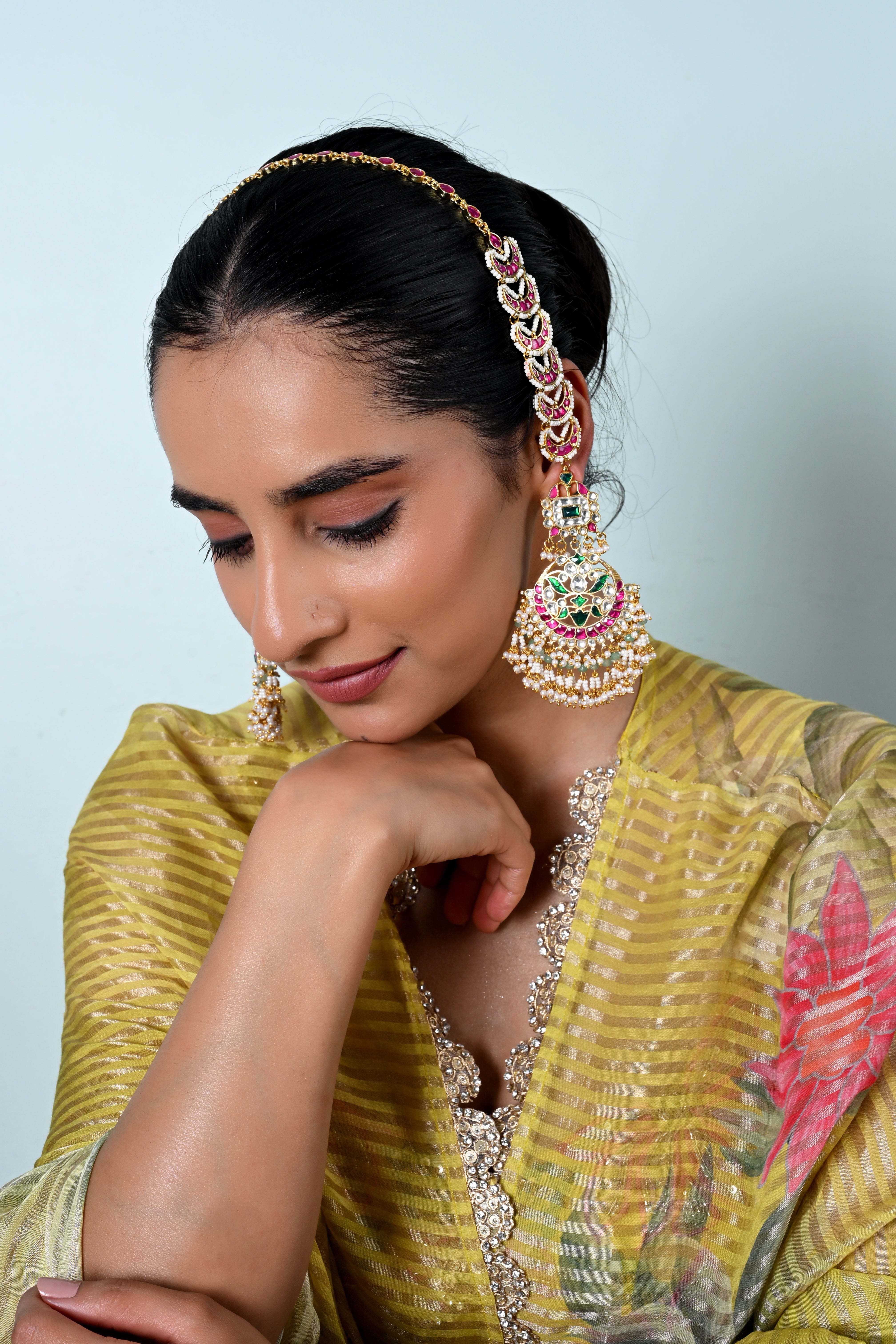 SJE1140- Multicolour Gold Plated Jadau Kundan Chandbali Long Earrings