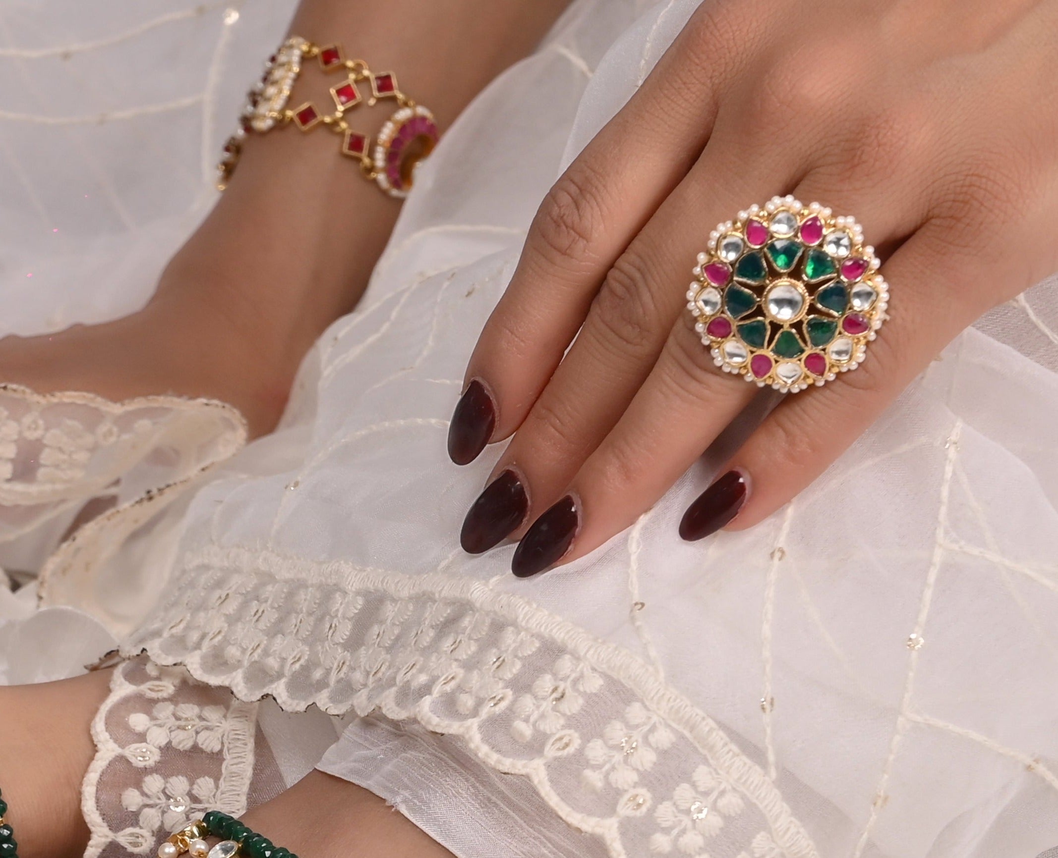 SJR005- Multi Colour Gold Plated Jadau Kundan Ring wore by Sana Makbul