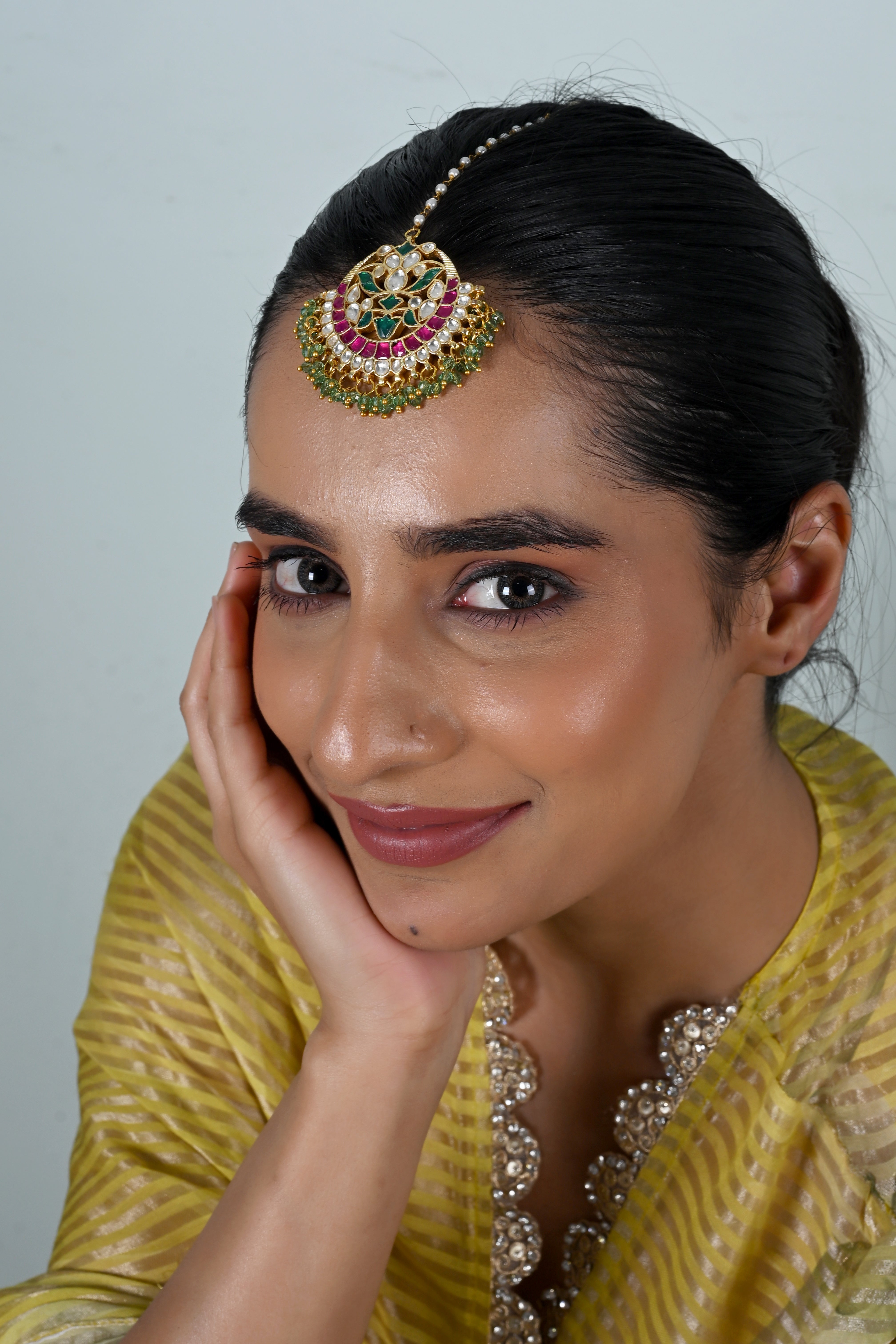 SJT1053- Multicolour Gold Plated Jadau Kundan Maang Tika