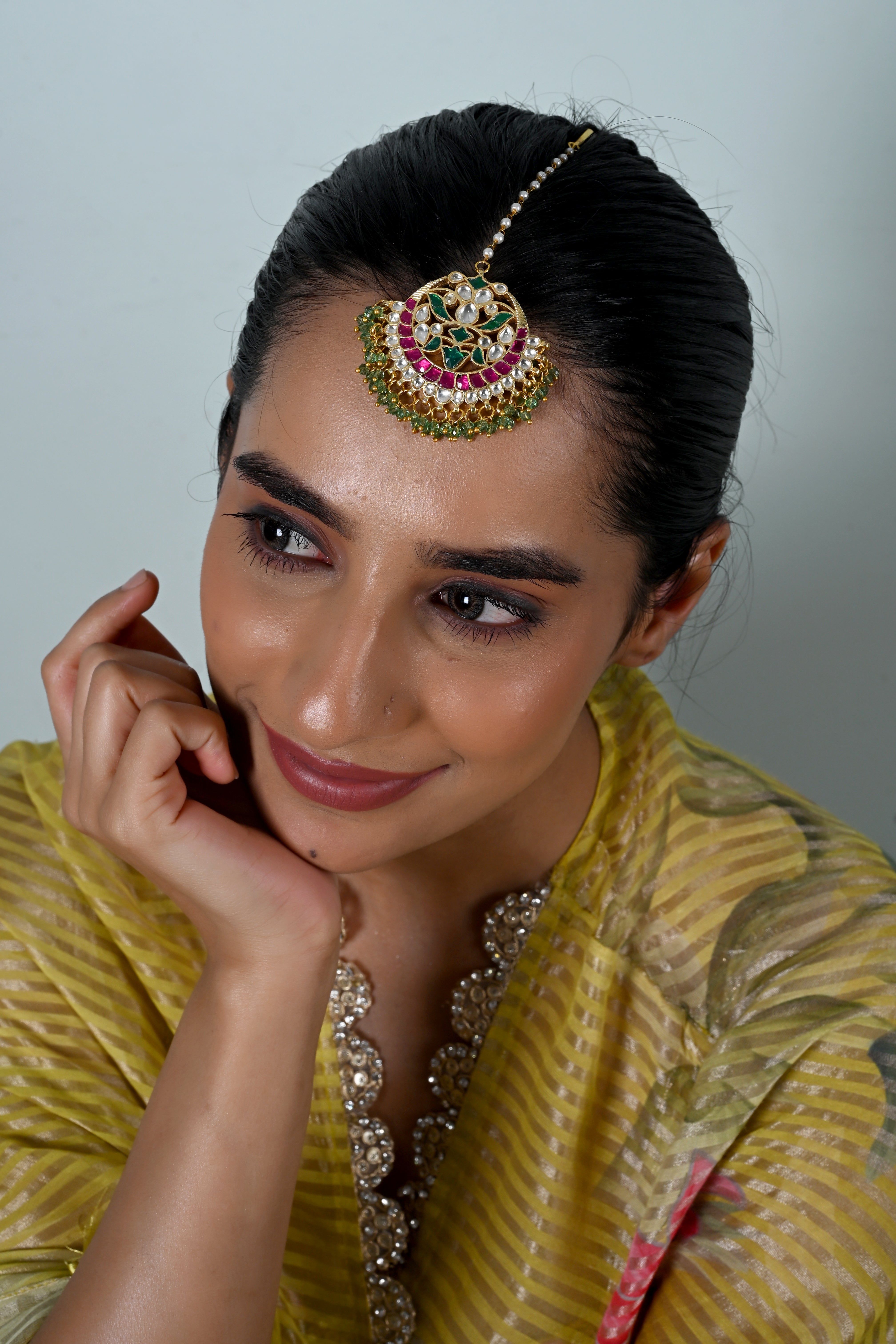 SJT1053- Multicolour Gold Plated Jadau Kundan Maang Tika