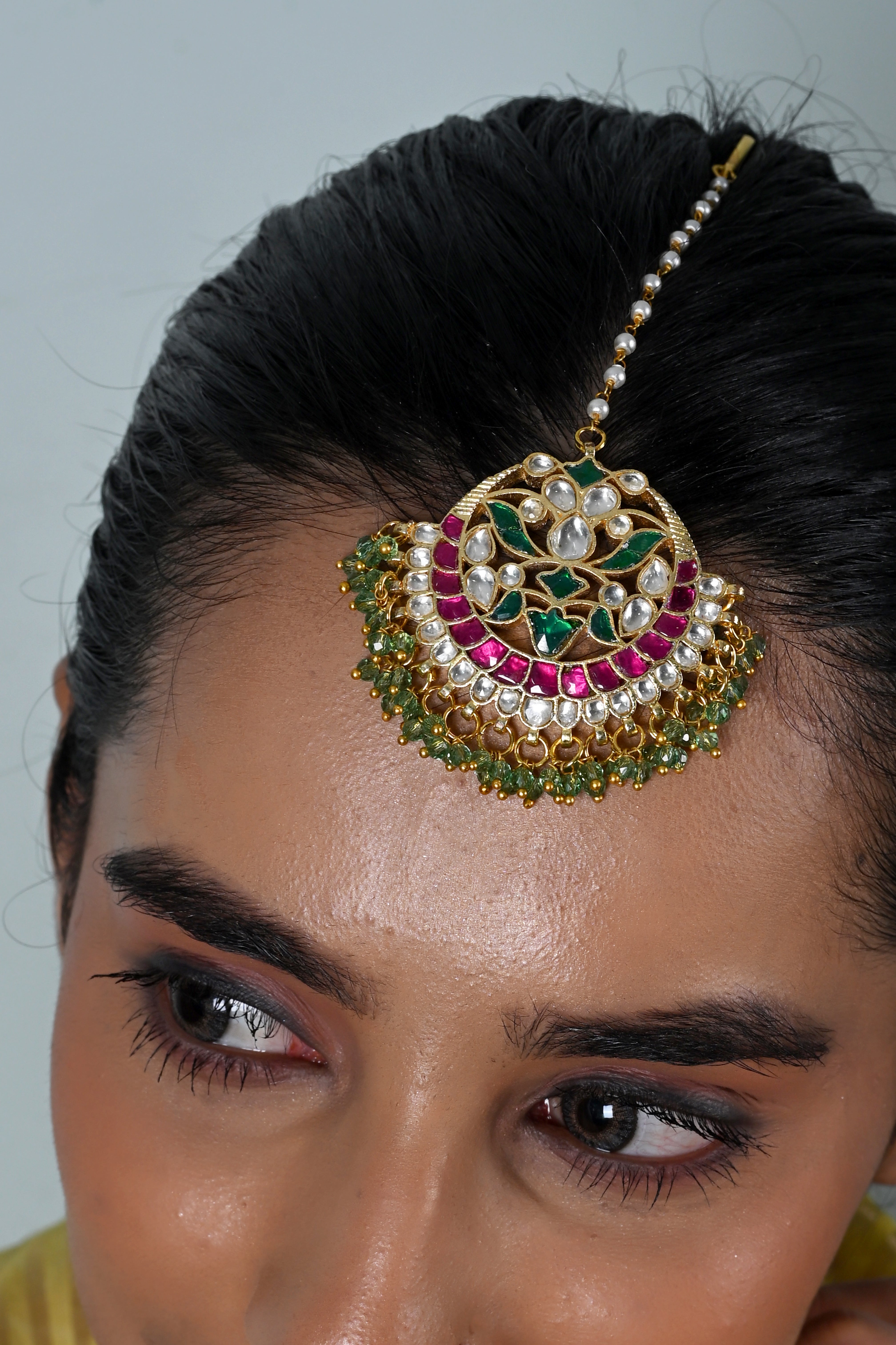 SJT1053- Multicolour Gold Plated Jadau Kundan Maang Tika