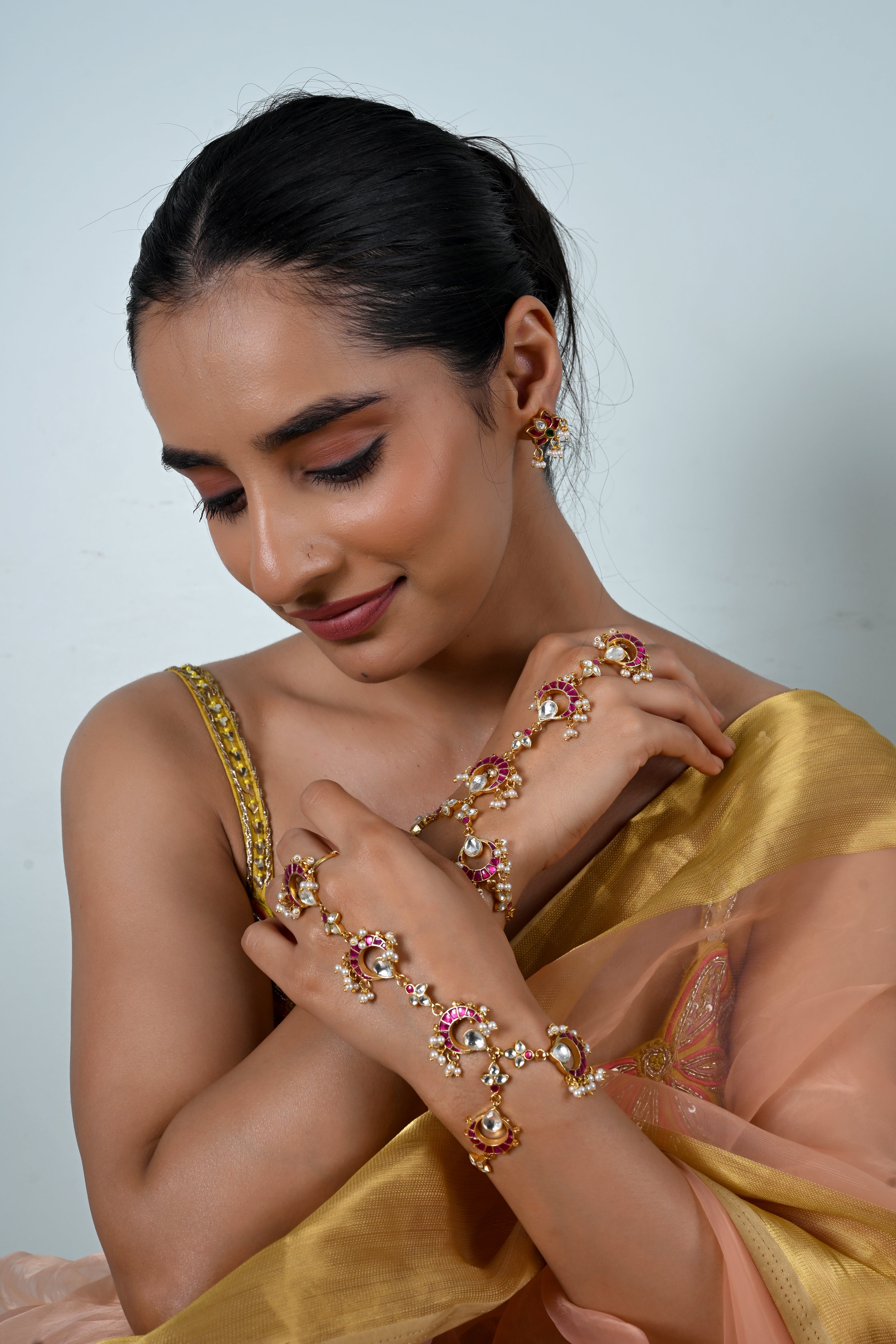 SJHP1019- Pink And White Colour Gold Plated Jadau Kundan Hathphool