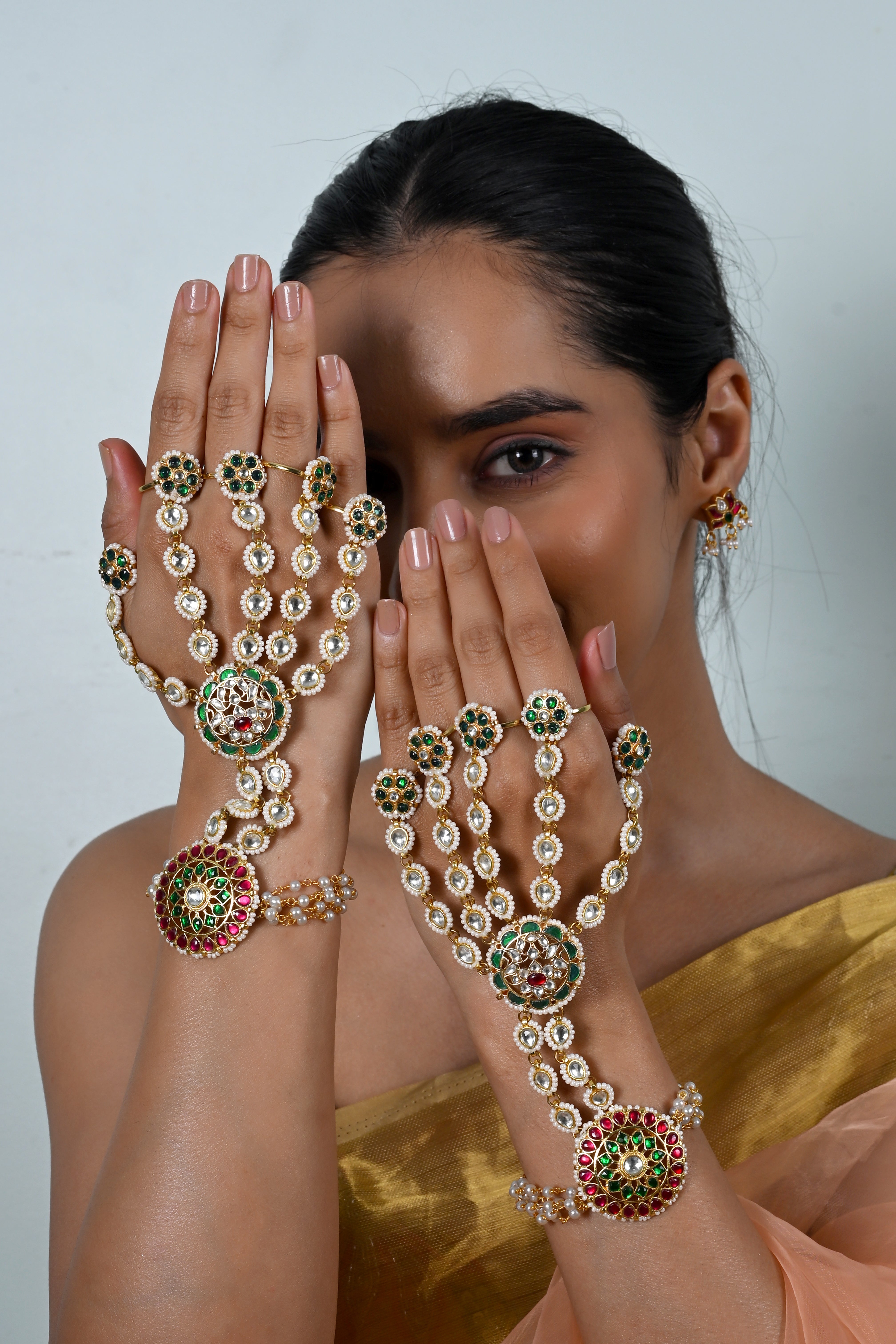 SJHP1022- Multi Colour Gold Plated Jadau Kundan 5 Ring Hathphool