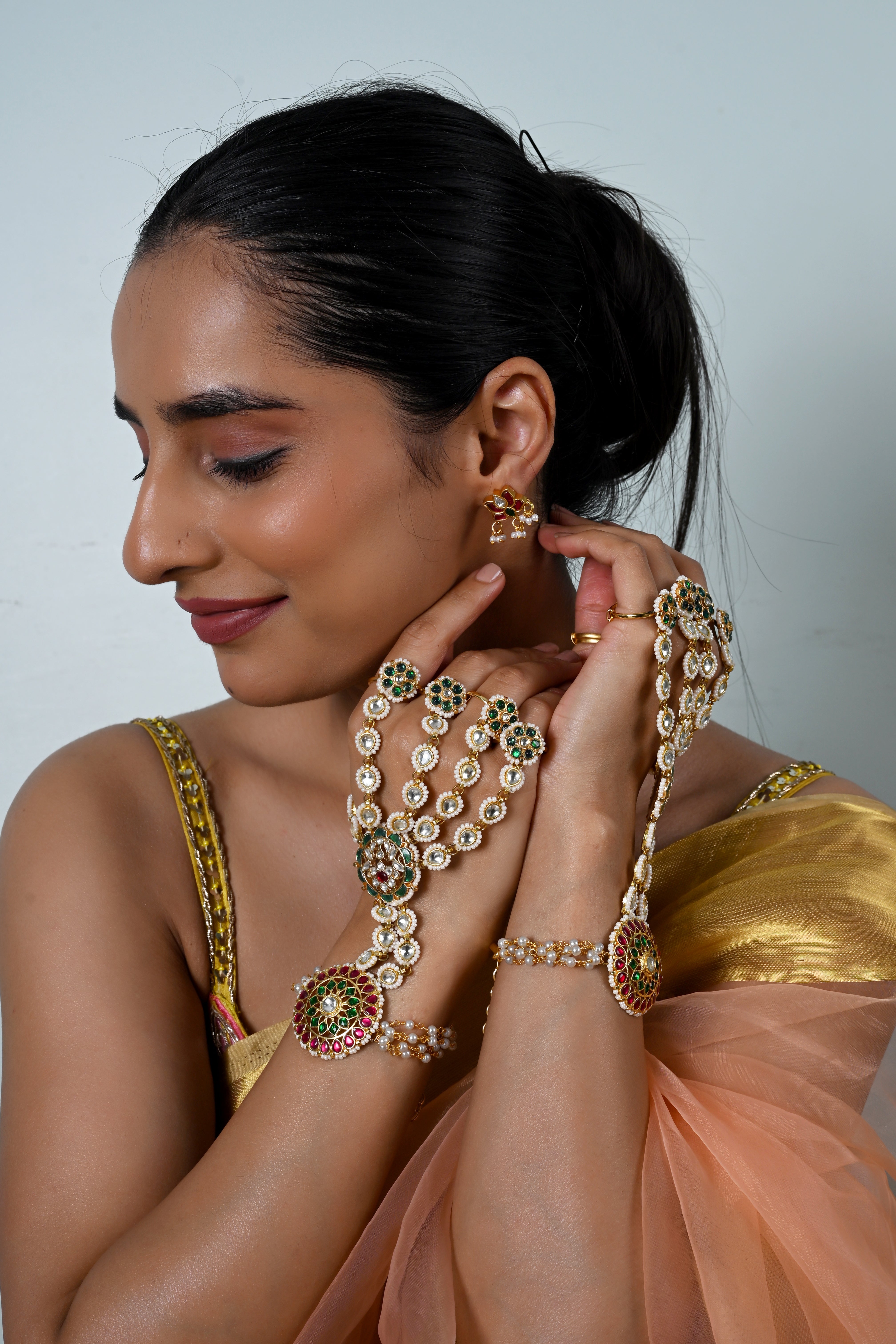 SJHP1022- Multi Colour Gold Plated Jadau Kundan 5 Ring Hathphool