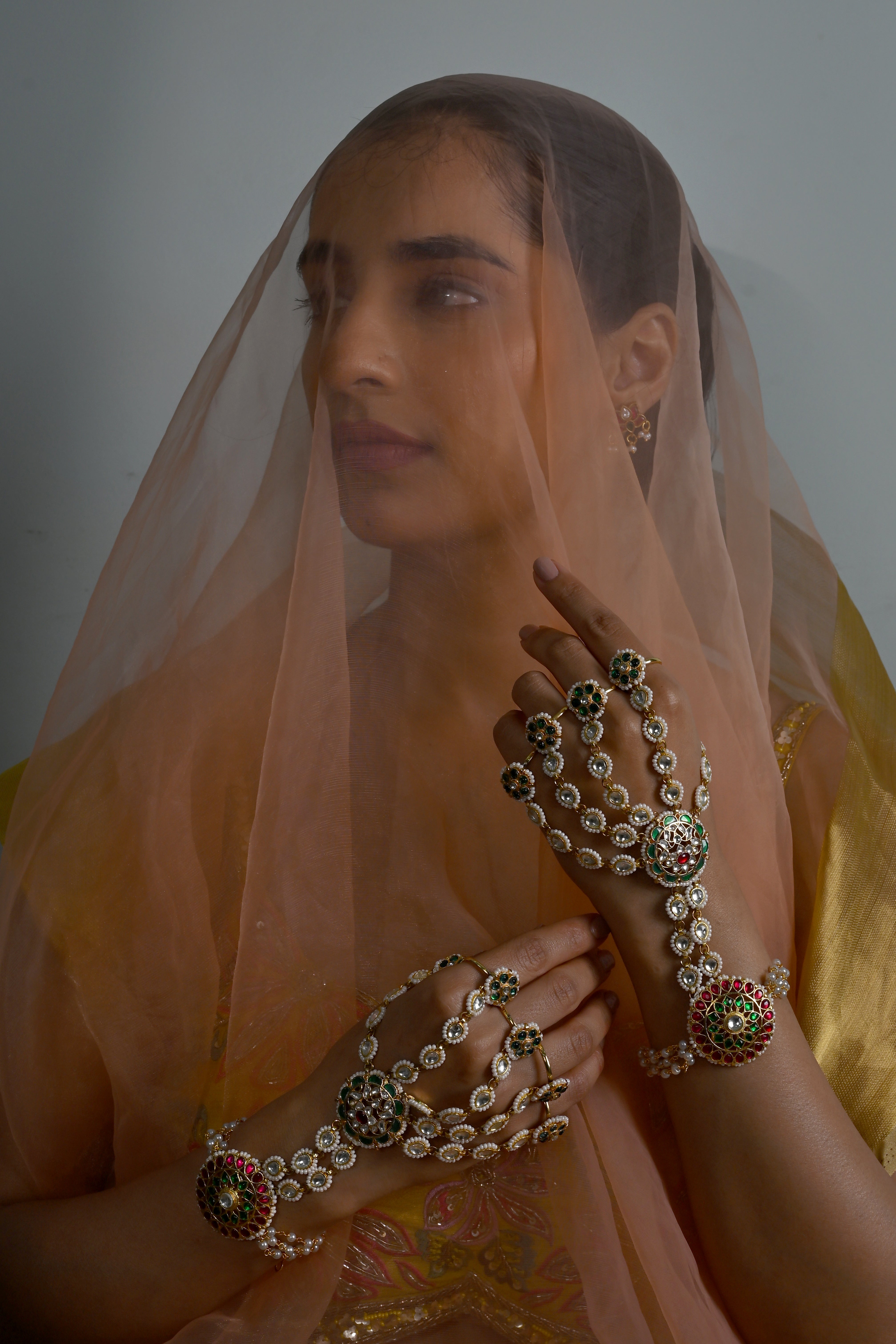 SJHP1022- Multi Colour Gold Plated Jadau Kundan 5 Ring Hathphool