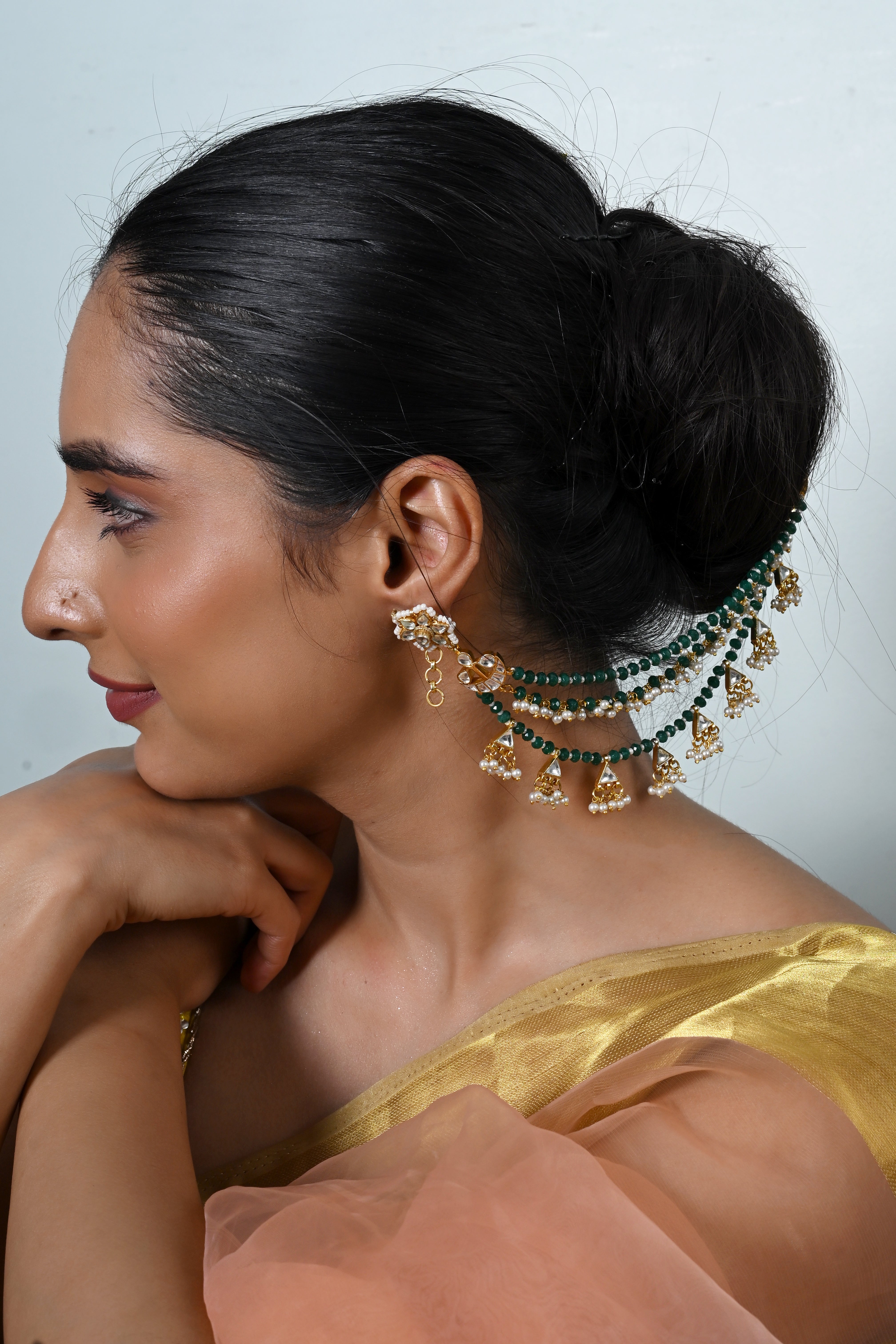 SJKC0006- White and Green Colour Gold Plated Jadau Kundan kanchain