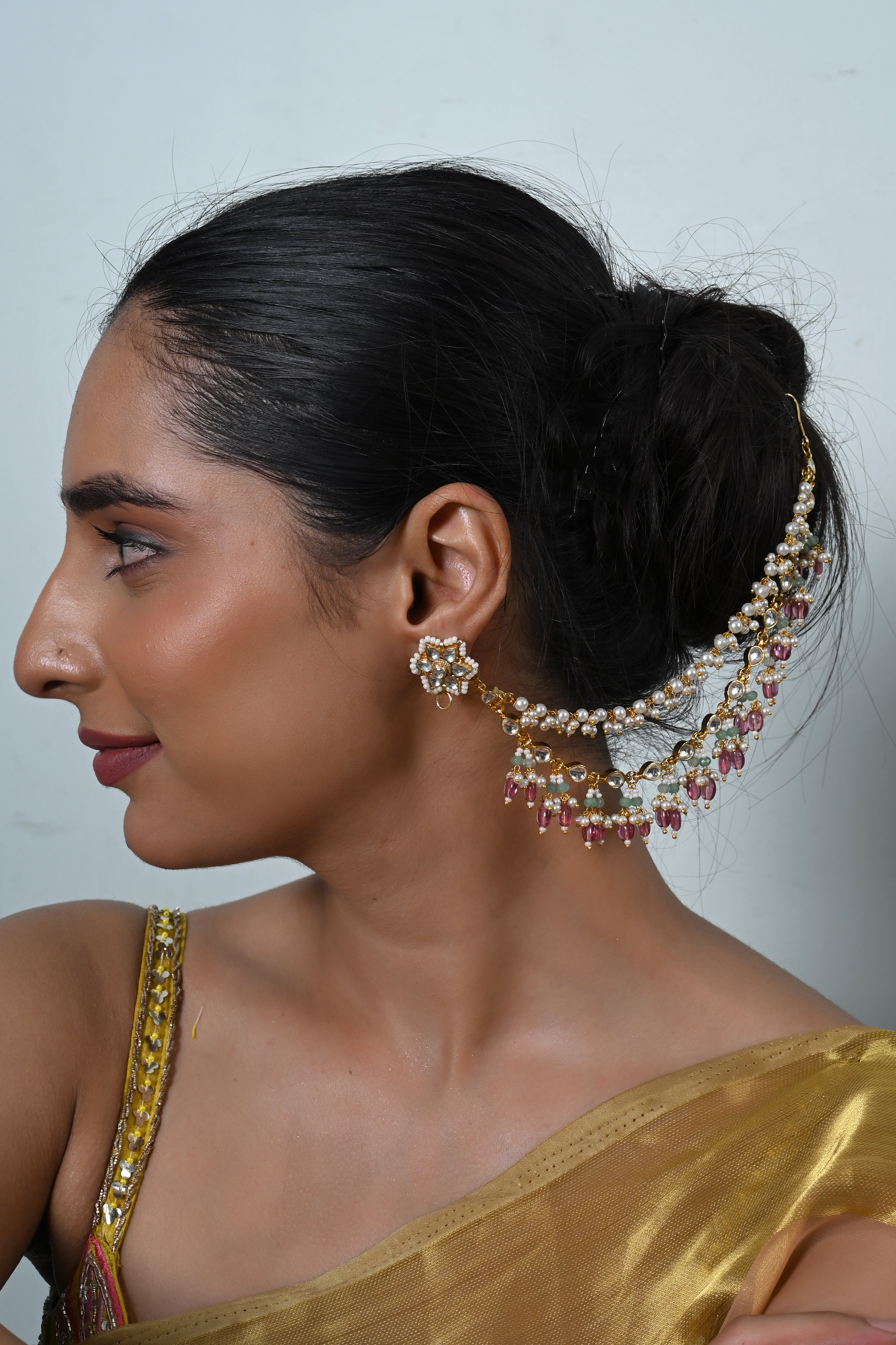 SJKC0007- Pink And White Colour Gold Plated Jadau Kundan kanchain