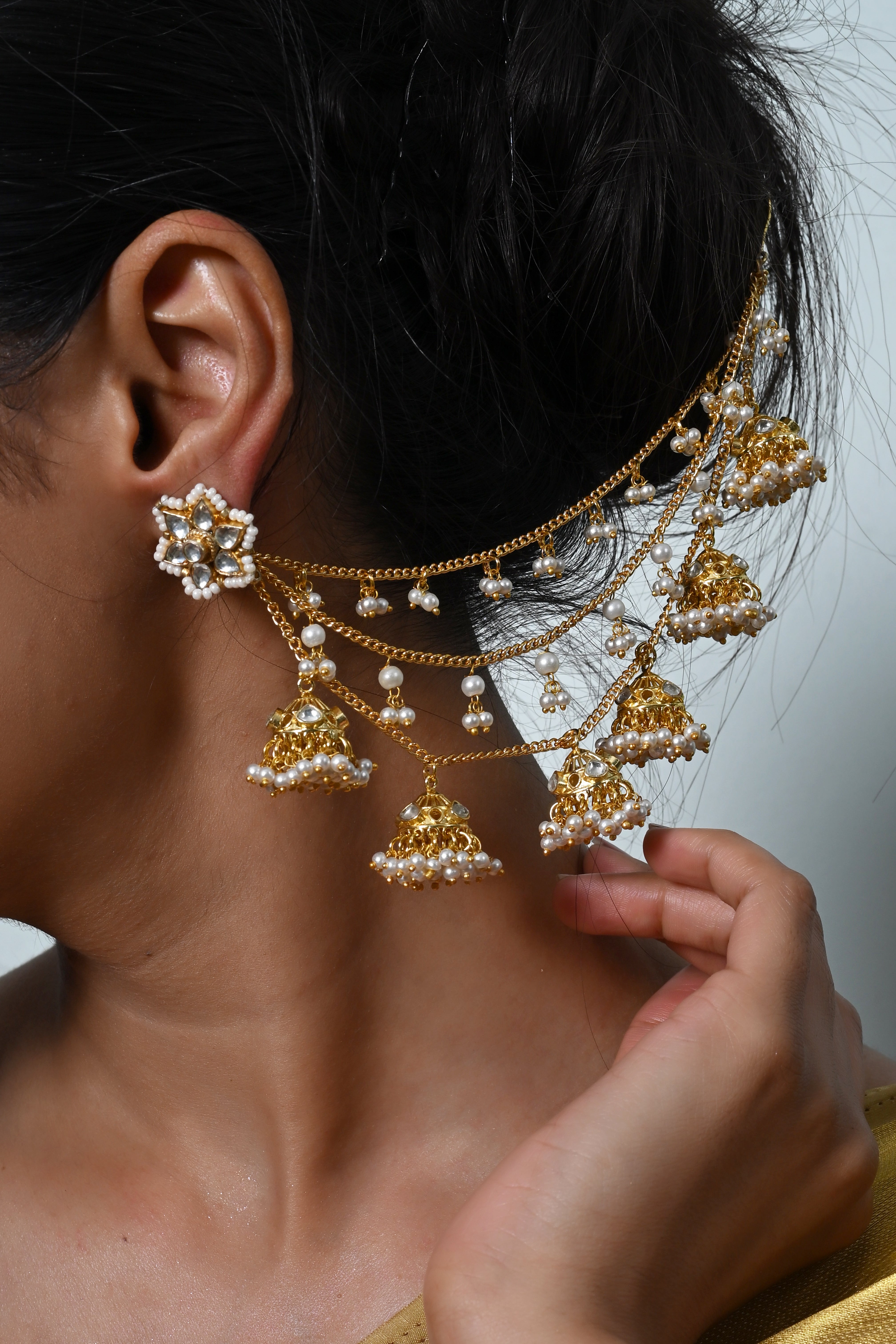 SJKC0009- White Colour Gold Plated Jadau Kundan kanchain