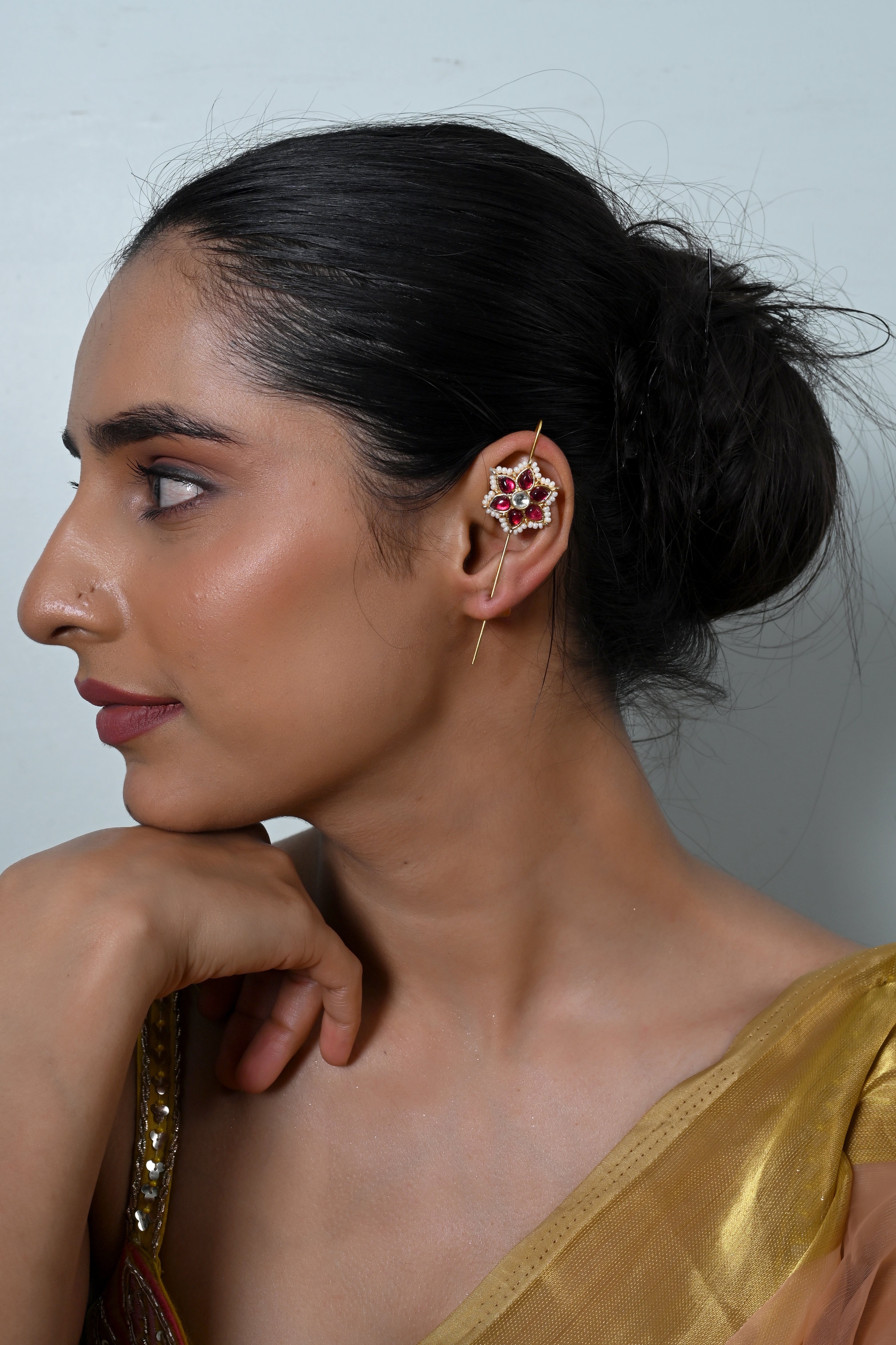 SJE1141- Pink And White Colour Gold Plated Jadau Kundan Ear Cuffs