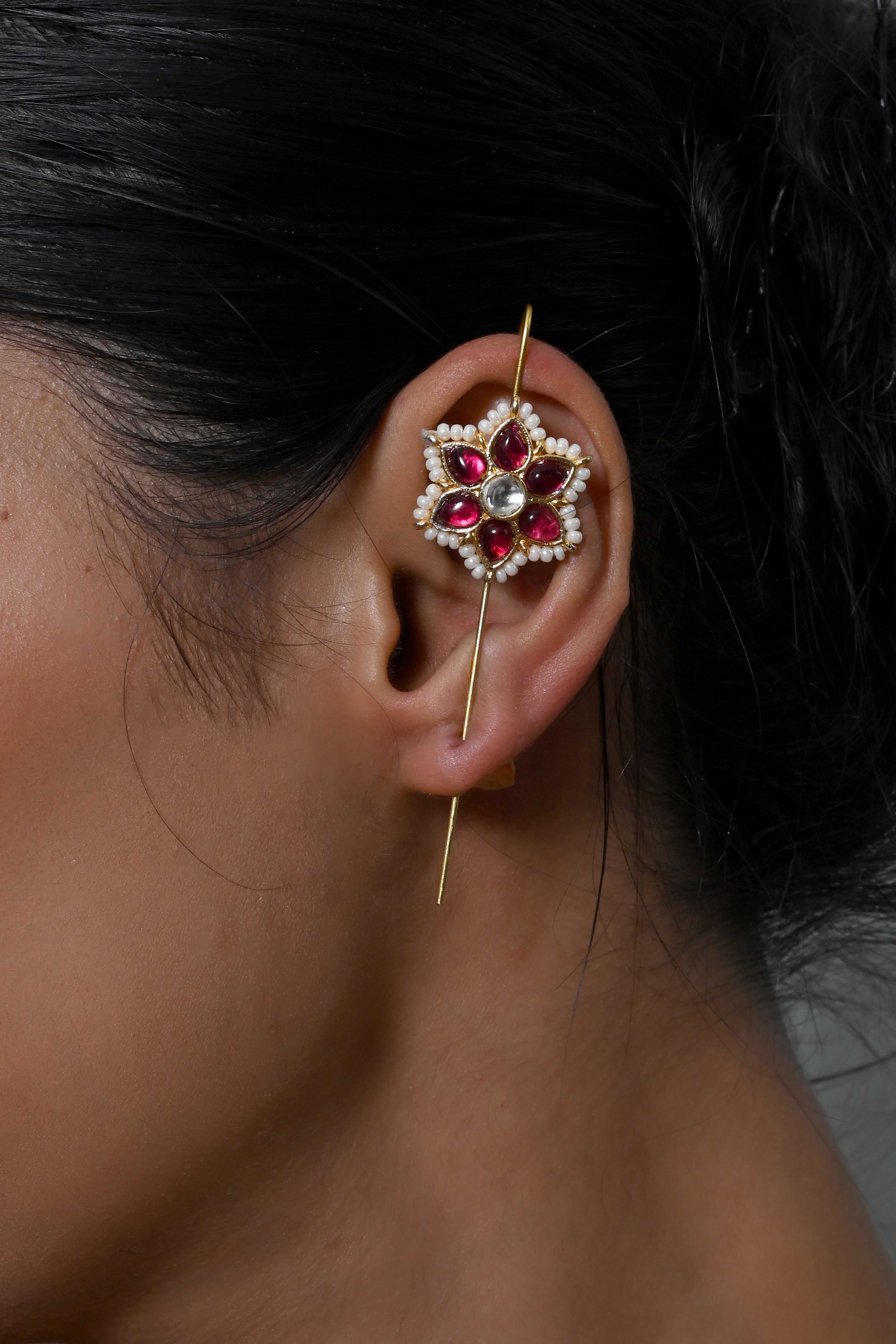 SJE1141- Pink And White Colour Gold Plated Jadau Kundan Ear Cuffs