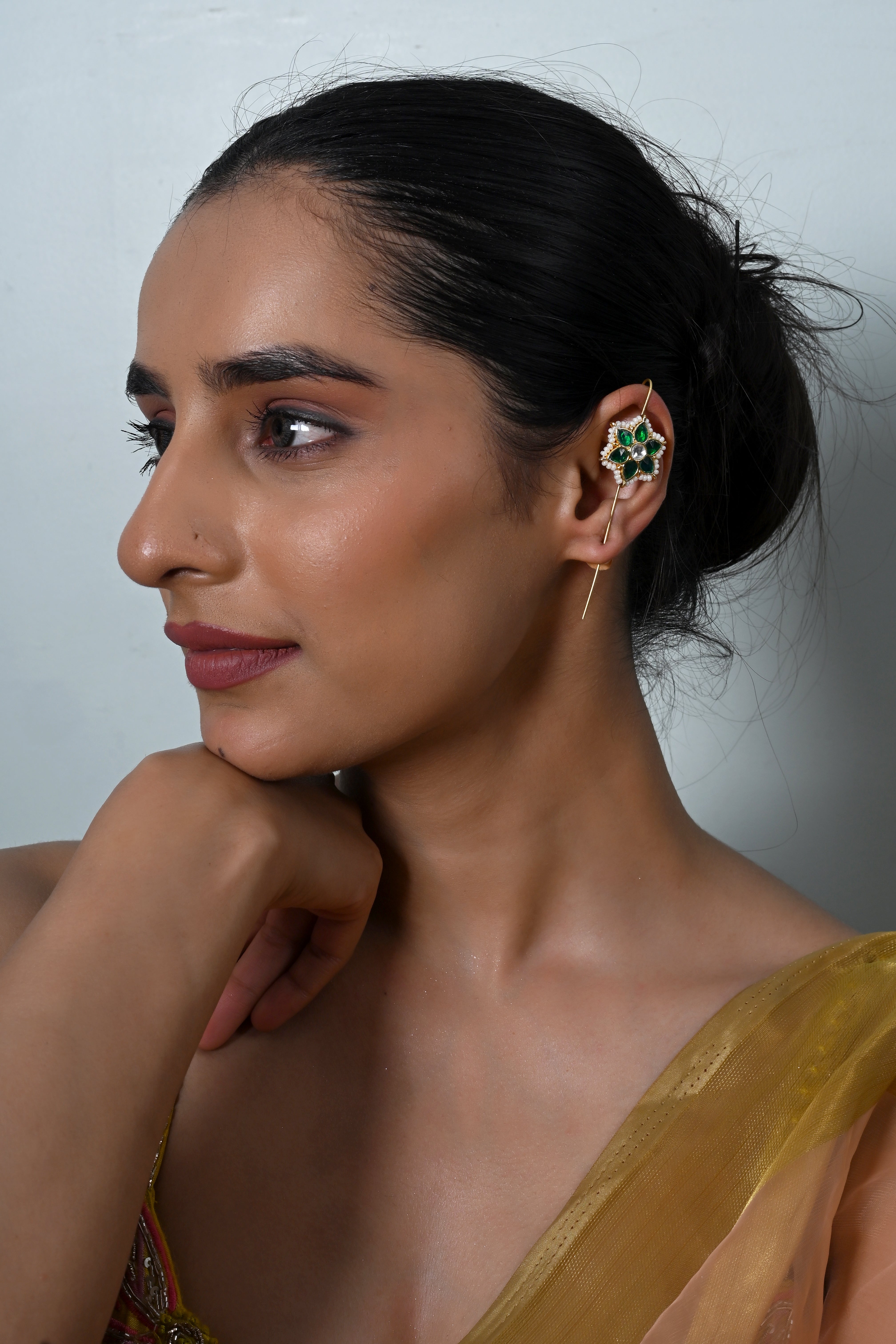 SJE1141- Green And White Colour Gold Plated Jadau Kundan Ear Cuffs