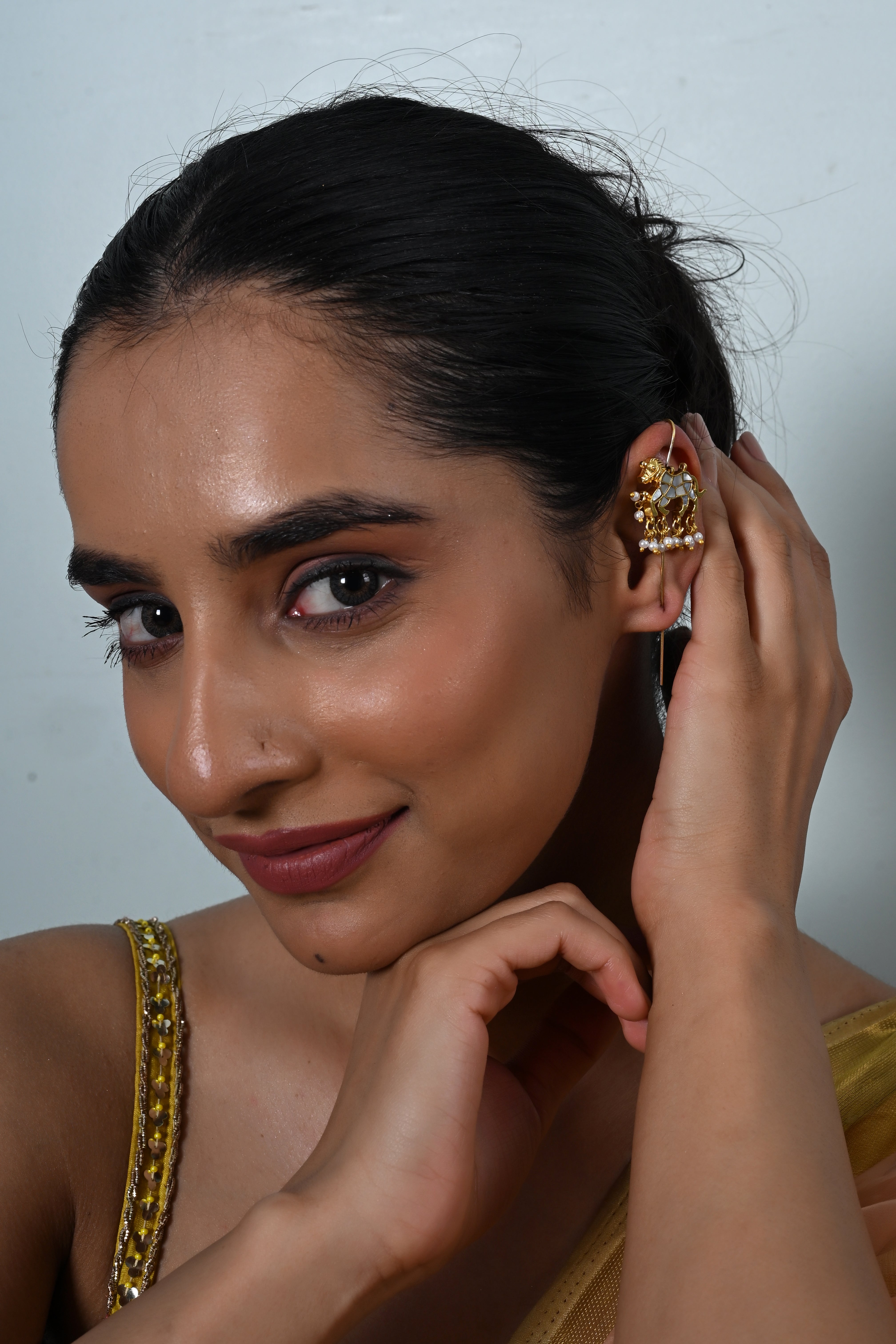 SJE1142- White Gold Plated Jadau Kundan Horse Motif Ear Cuffs