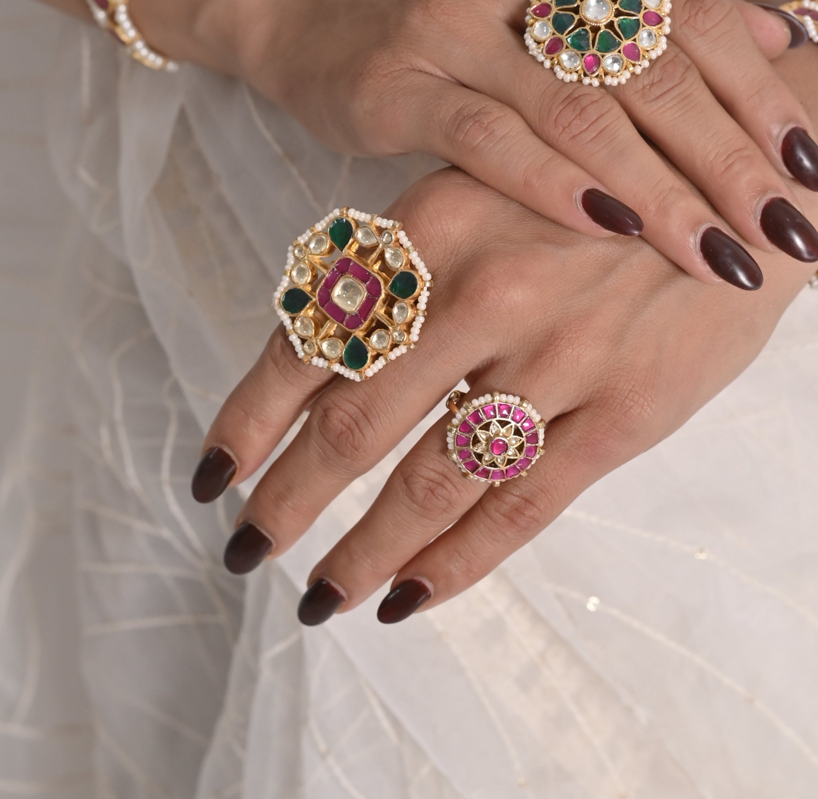 SJR011- Multi Colour Gold Plated Jadau Kundan Ring