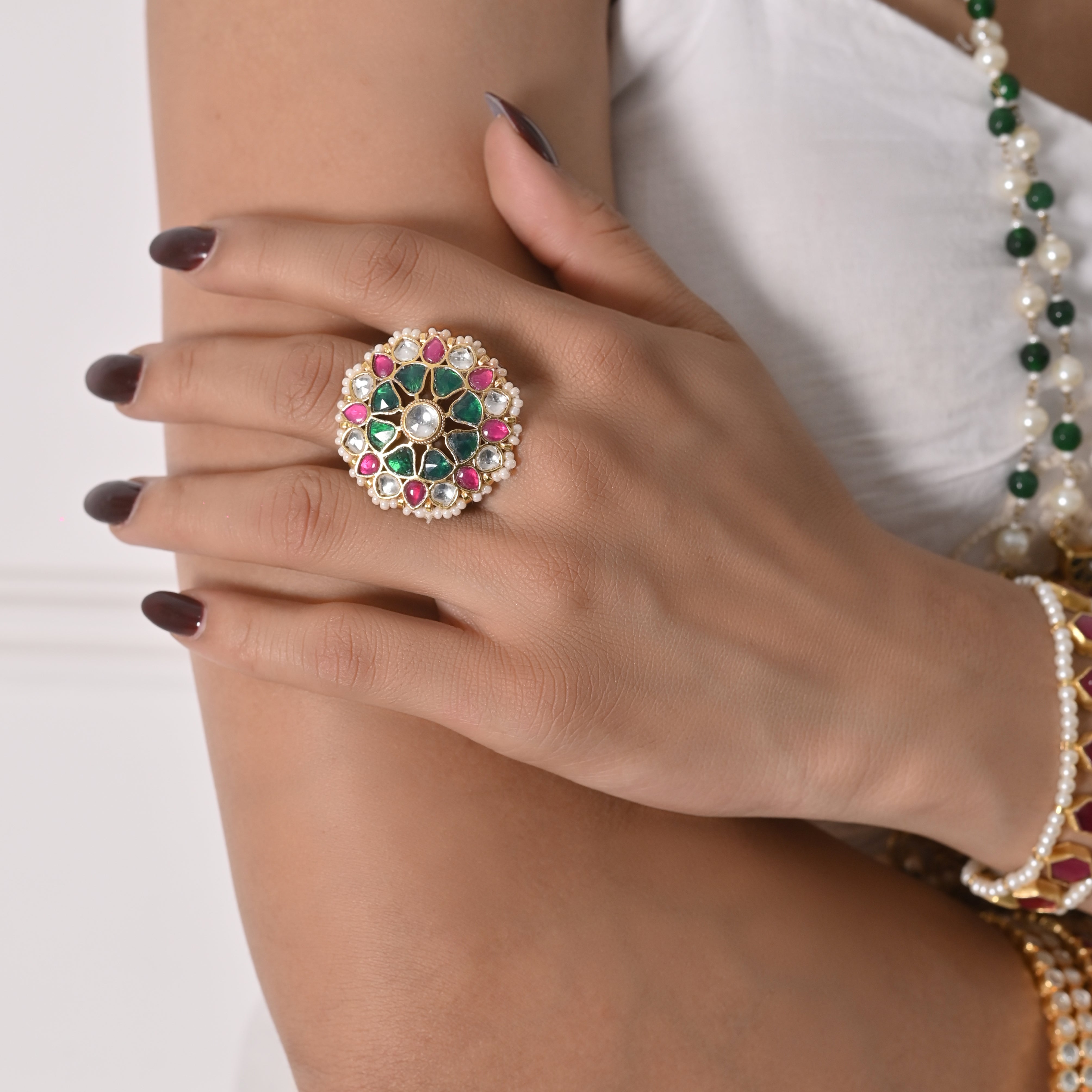 SJR005- Multi Colour Gold Plated Jadau Kundan Ring wore by Sana Makbul