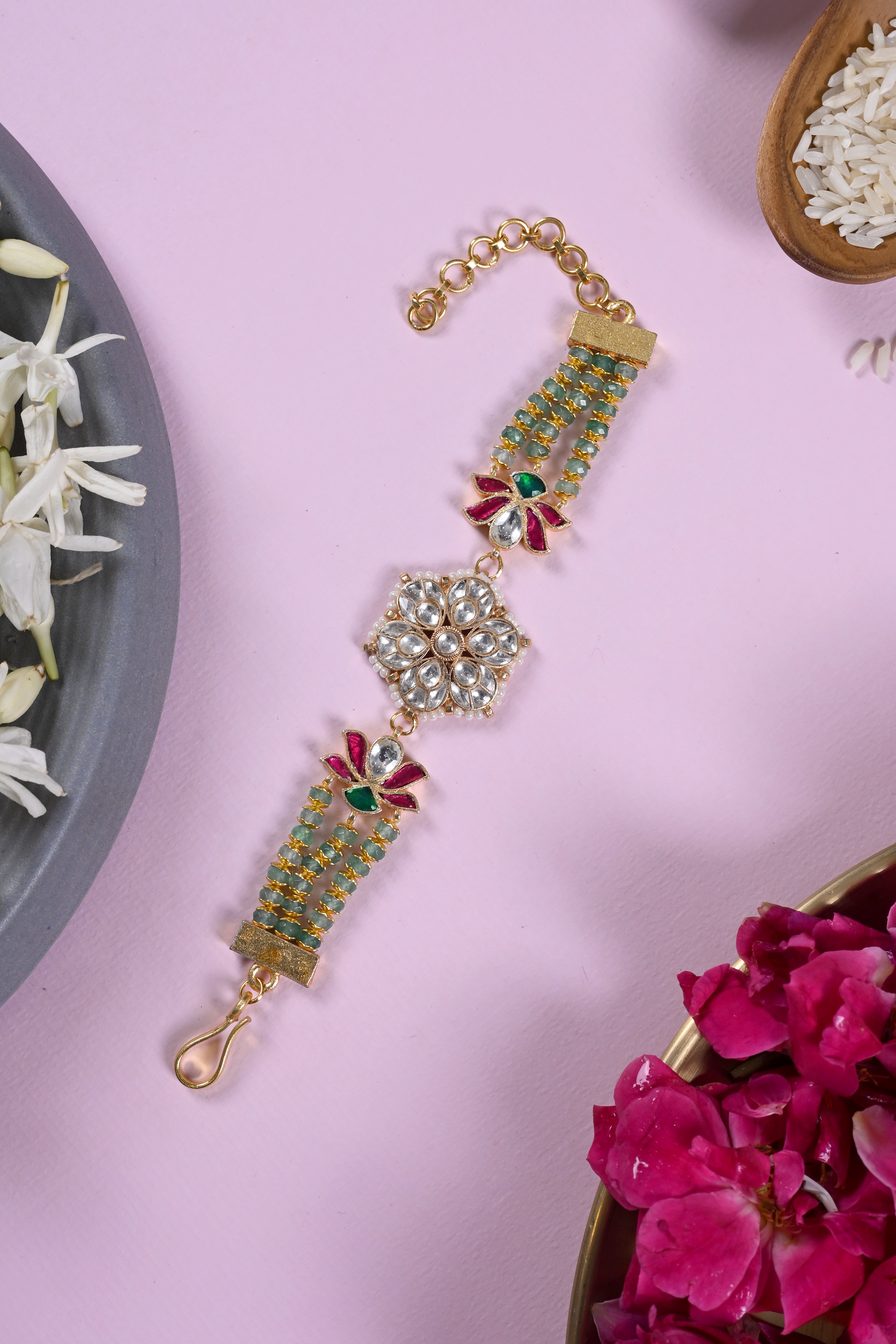 SJRB1035- Multi Colour Gold Plated Jadau Kundan Rakhi