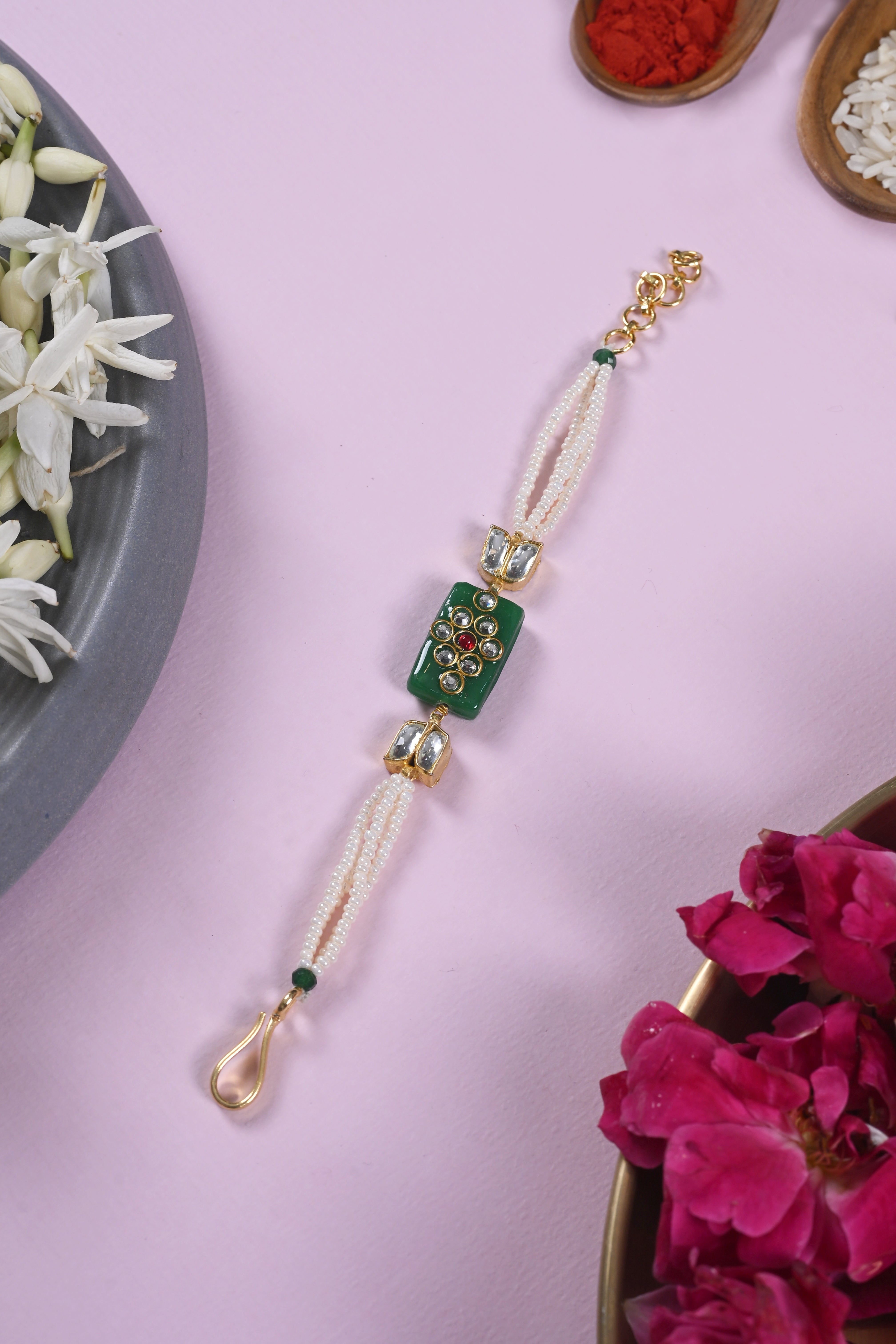 SJRB1036- Green and White Colour Gold Plated Jadau Kundan Rakhi