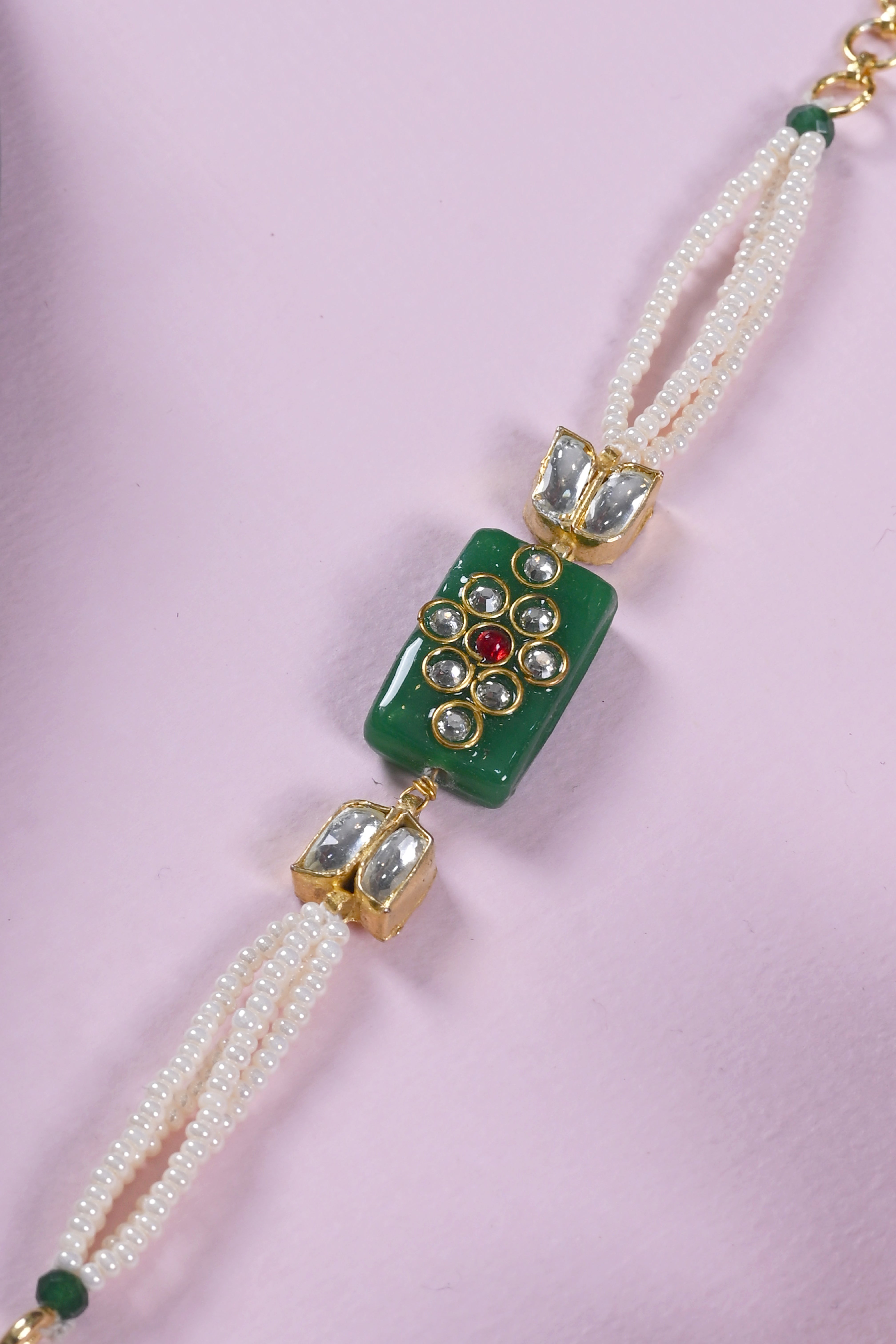 SJRB1036- Green and White Colour Gold Plated Jadau Kundan Rakhi