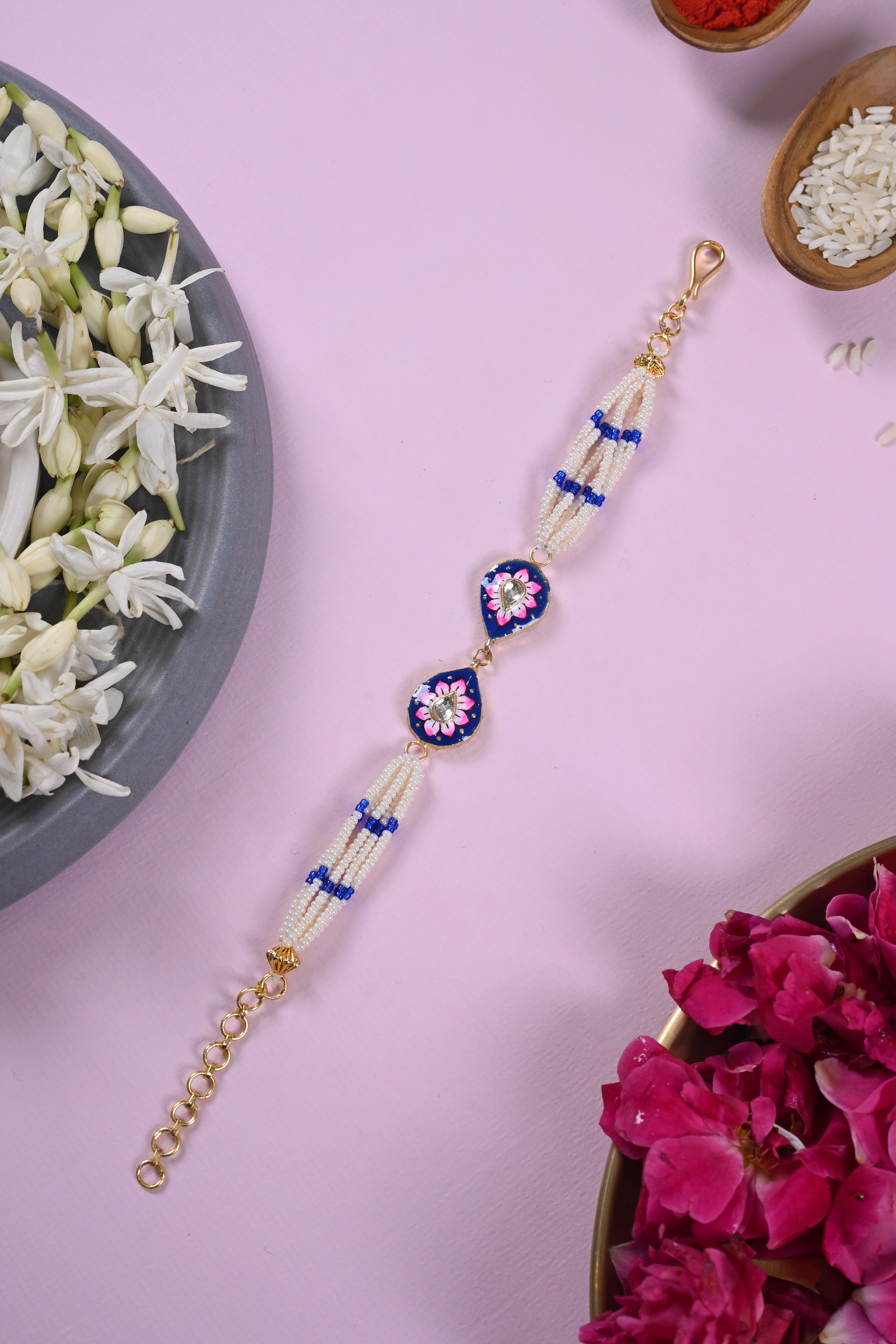 SJRB1037- Blue and White Colour Gold Plated Jadau Kundan Rakhi