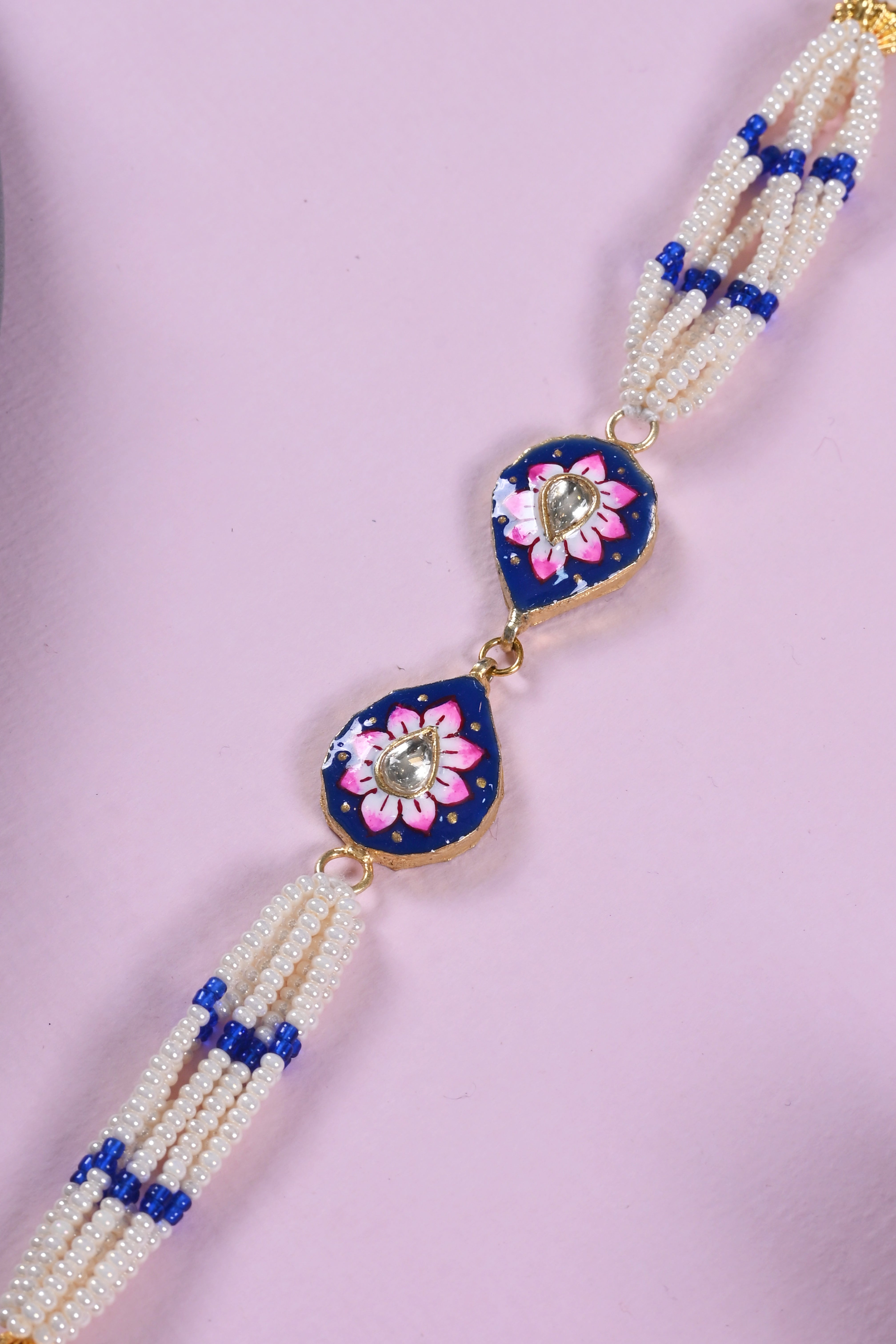 SJRB1037- Blue and White Colour Gold Plated Jadau Kundan Rakhi