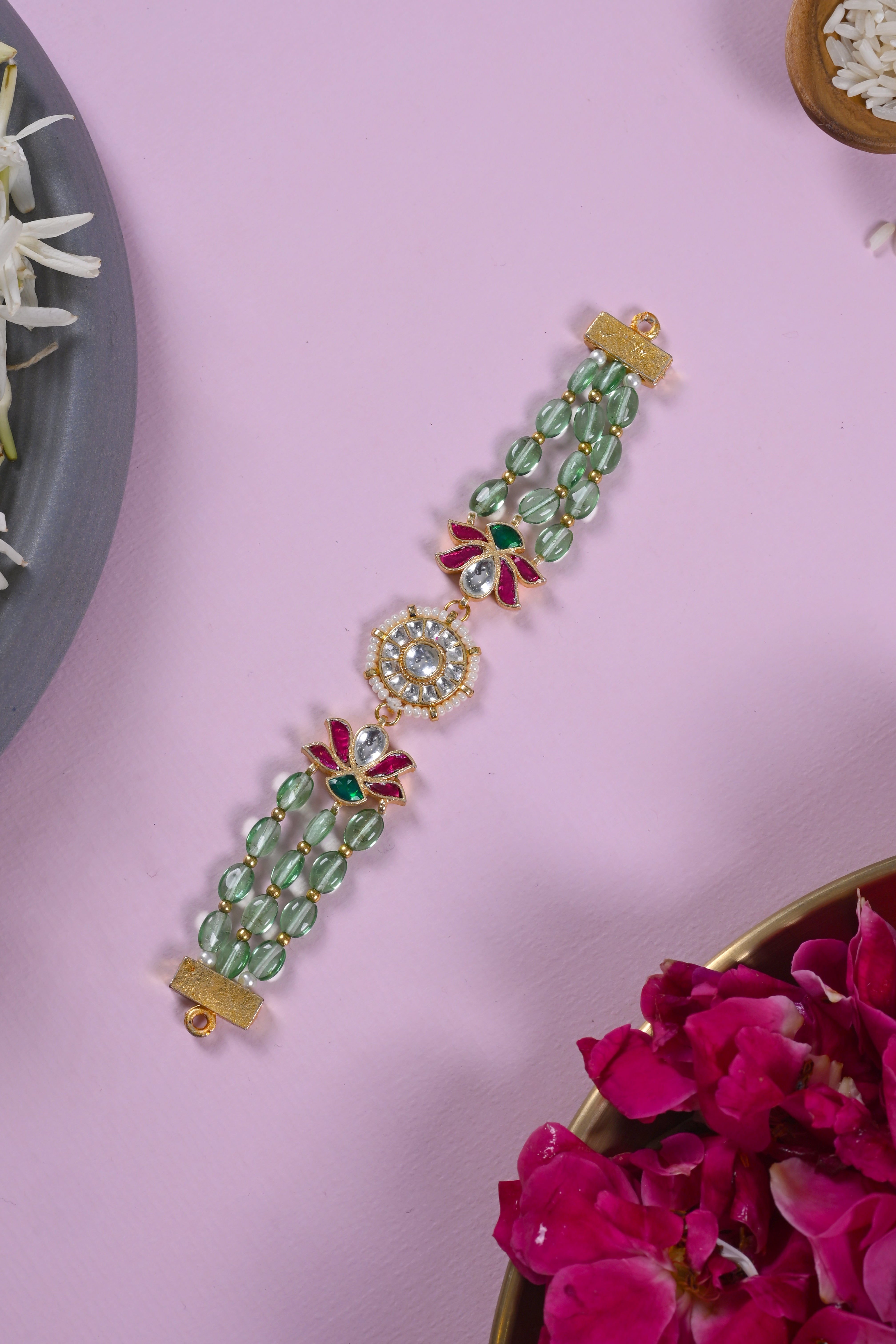 SJRB1038- Multi Colour Gold Plated Jadau Kundan Rakhi