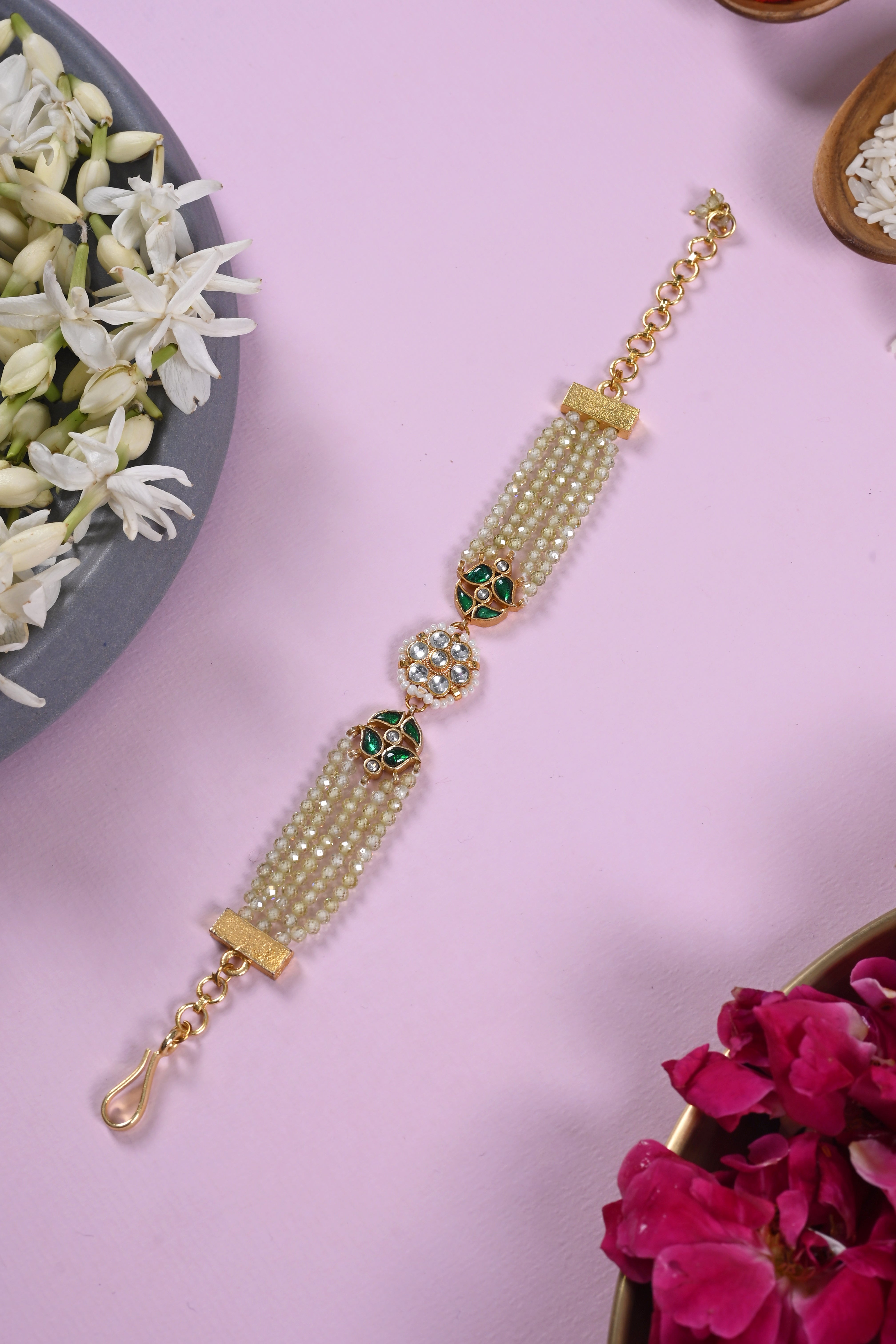 SJRB1039- White and Green Colour Gold Plated Jadau Kundan Rakhi