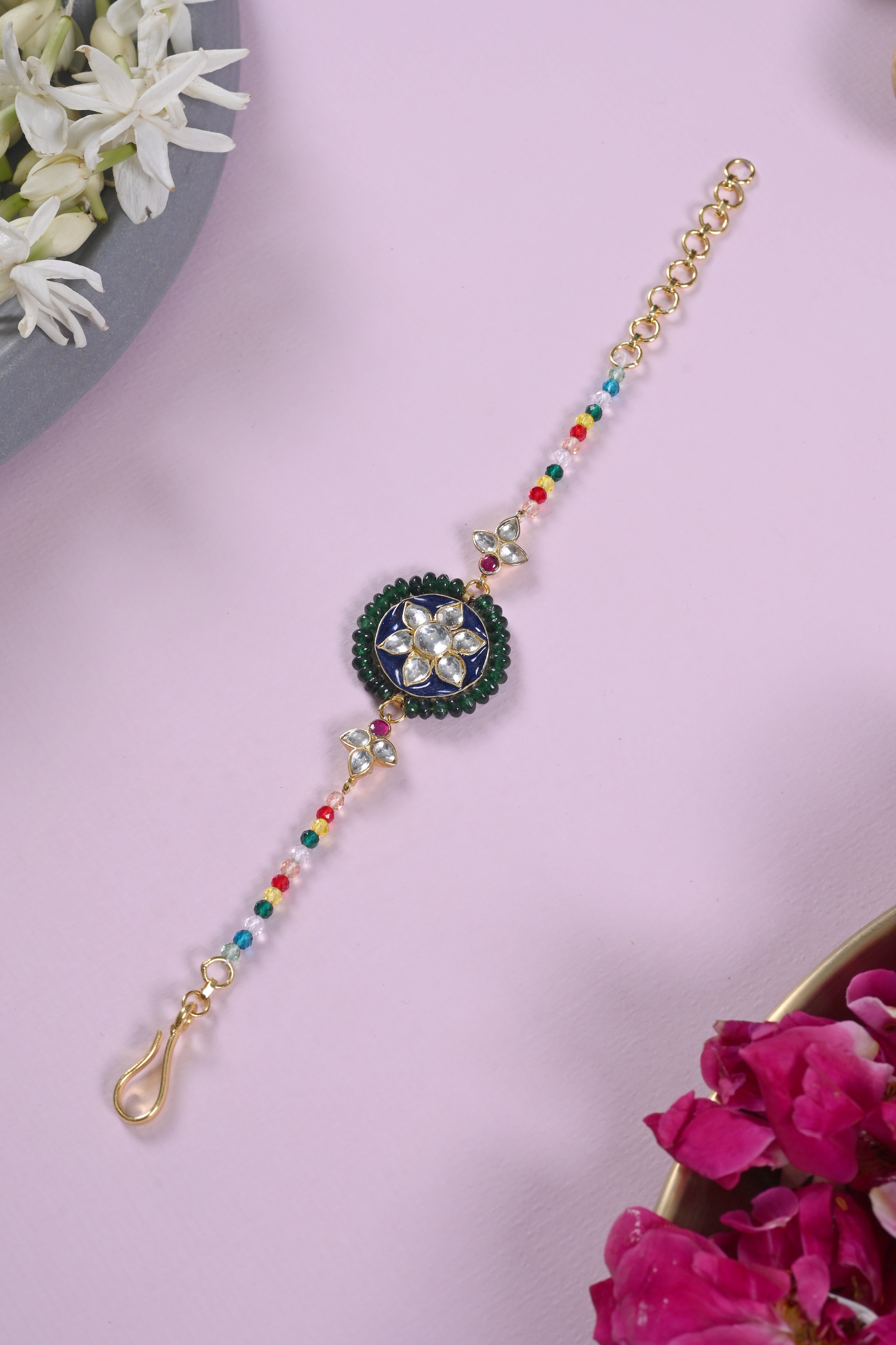 SJRB1040- Multi Colour Gold Plated Jadau Kundan Rakhi