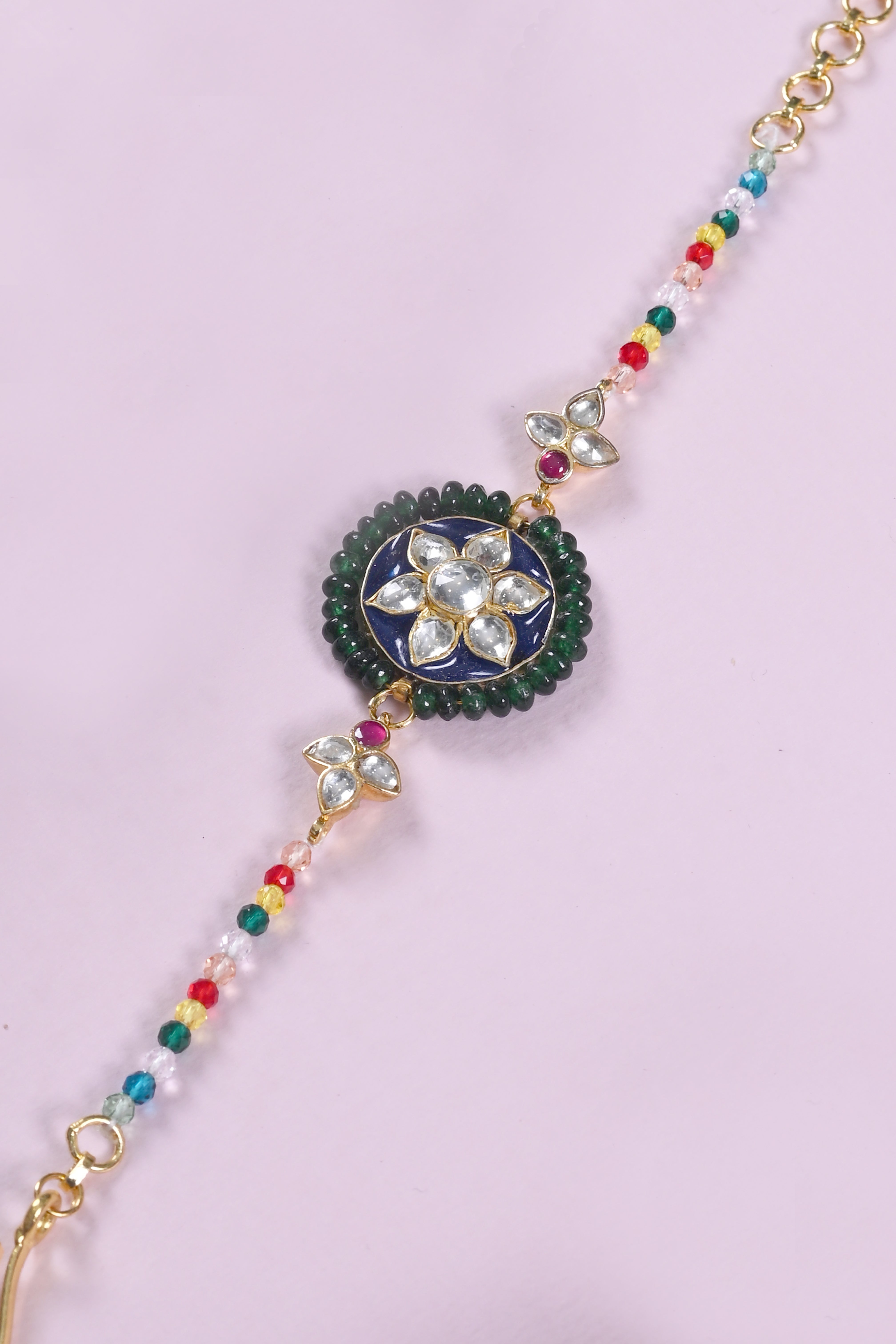 SJRB1040- Multi Colour Gold Plated Jadau Kundan Rakhi