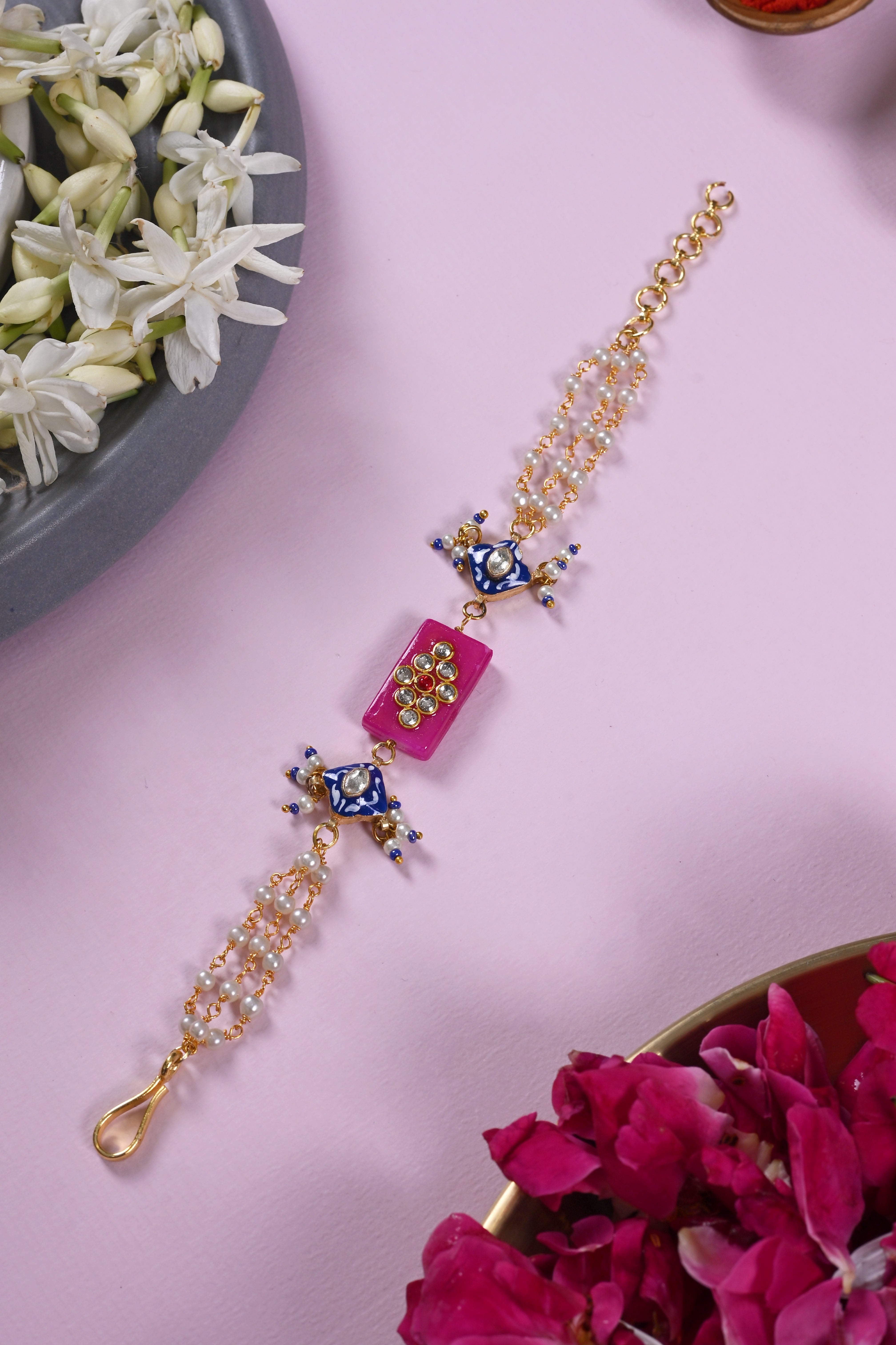 SJRB1041- Pink and Blue Colour Gold Plated Jadau Kundan Rakhi
