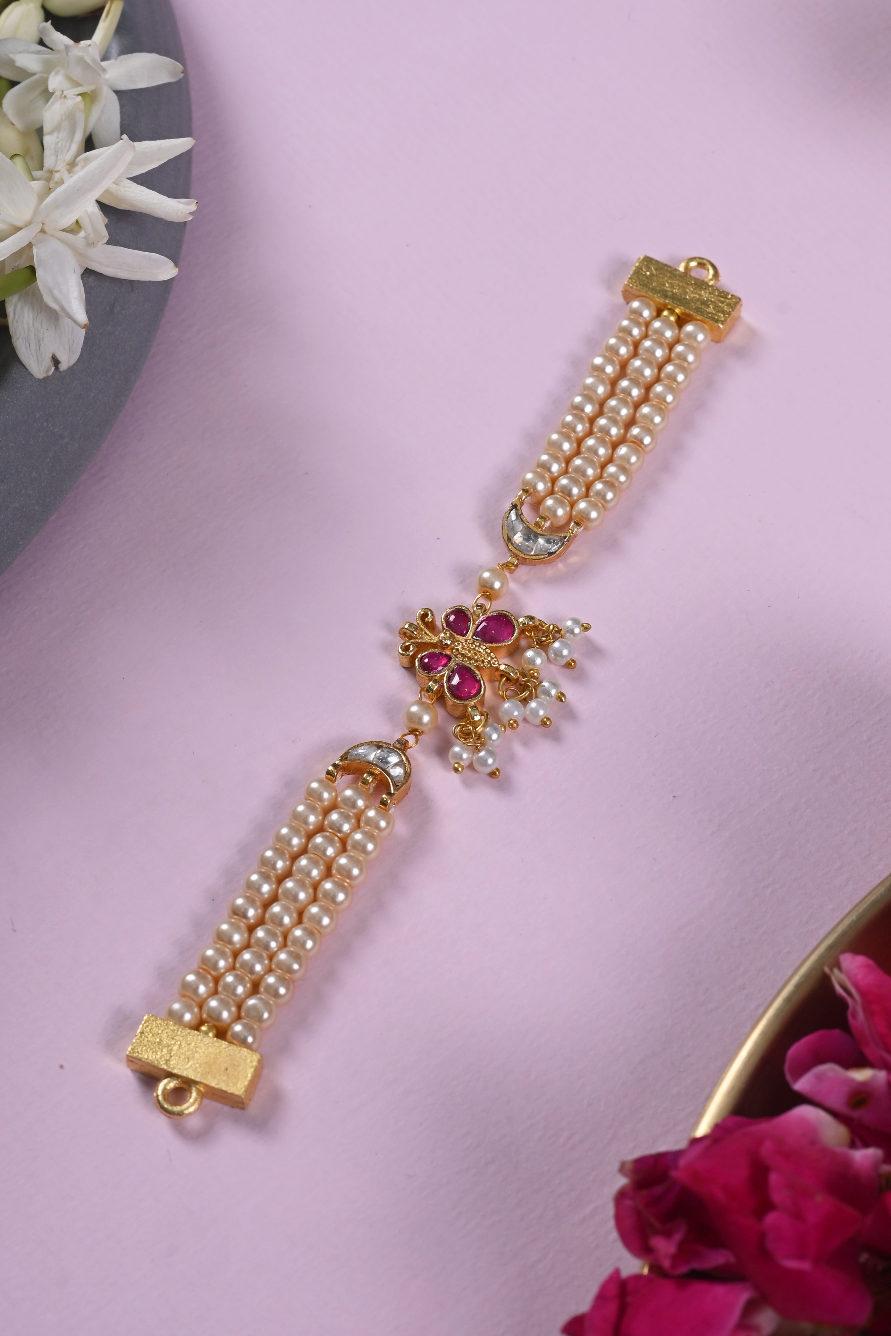 SJRB1042- Pink and White Colour Gold Plated Jadau Kundan Rakhi