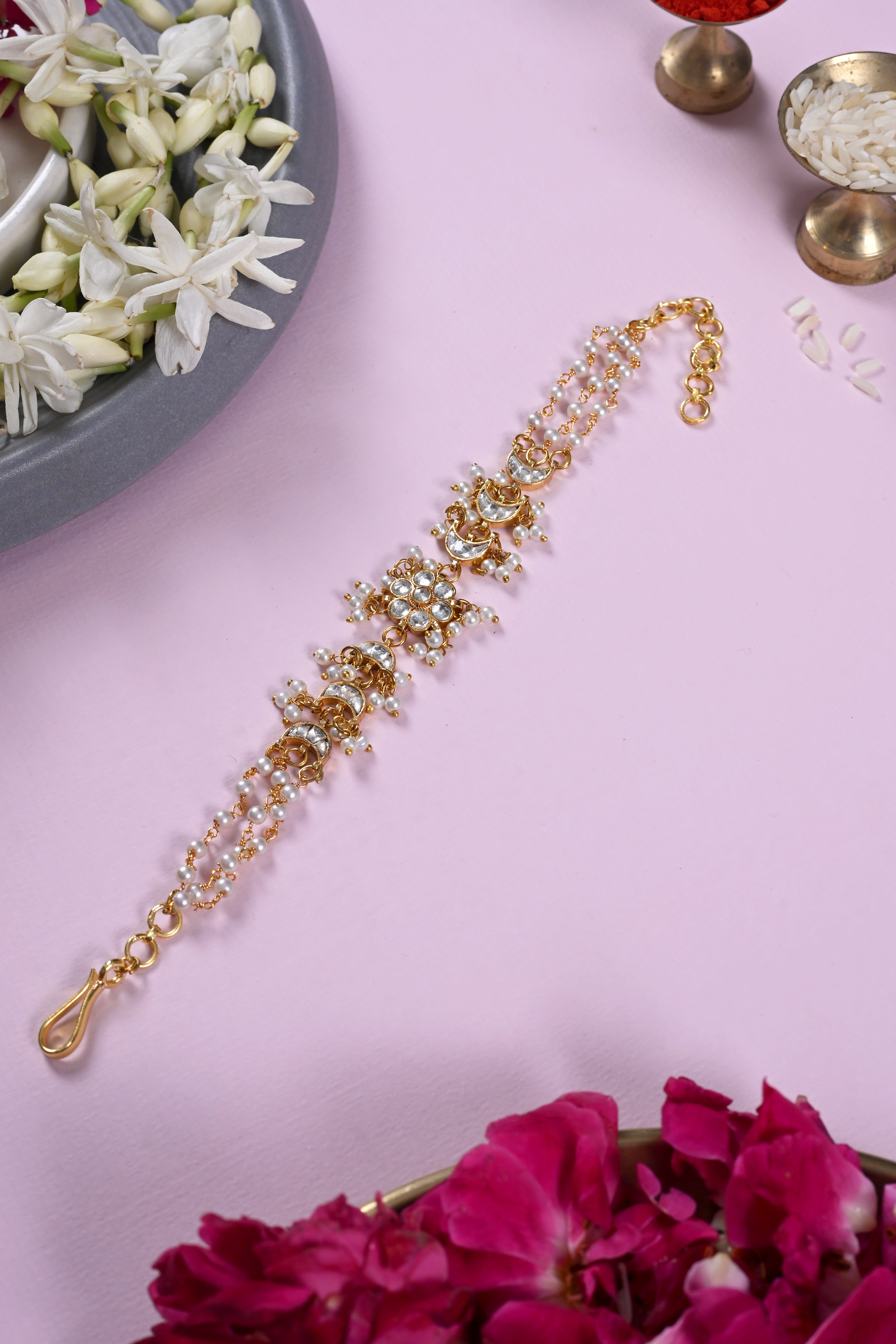 SJRB1044- White Colour Gold Plated Jadau Kundan Rakhi