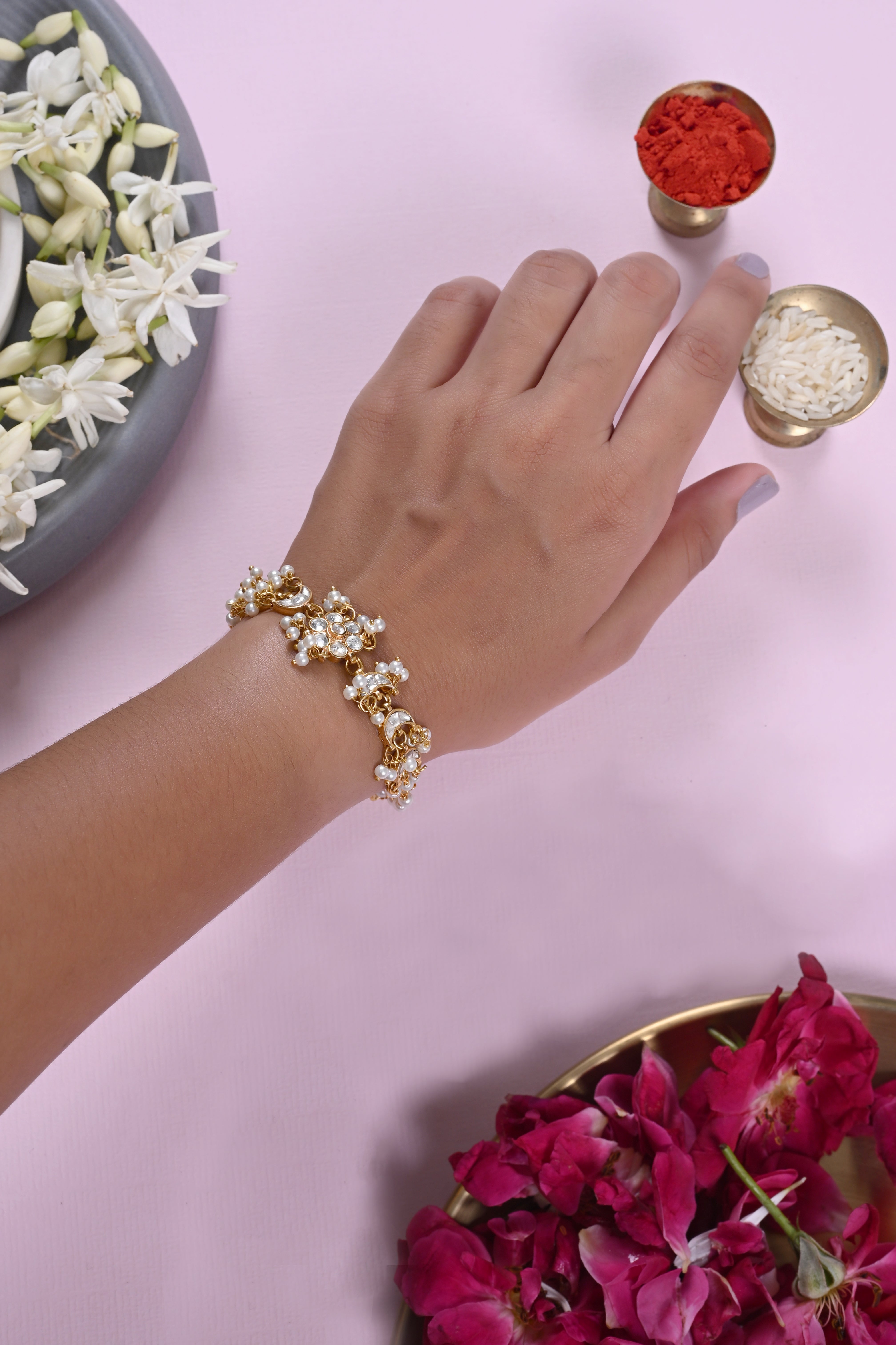 SJRB1044- White Colour Gold Plated Jadau Kundan Rakhi