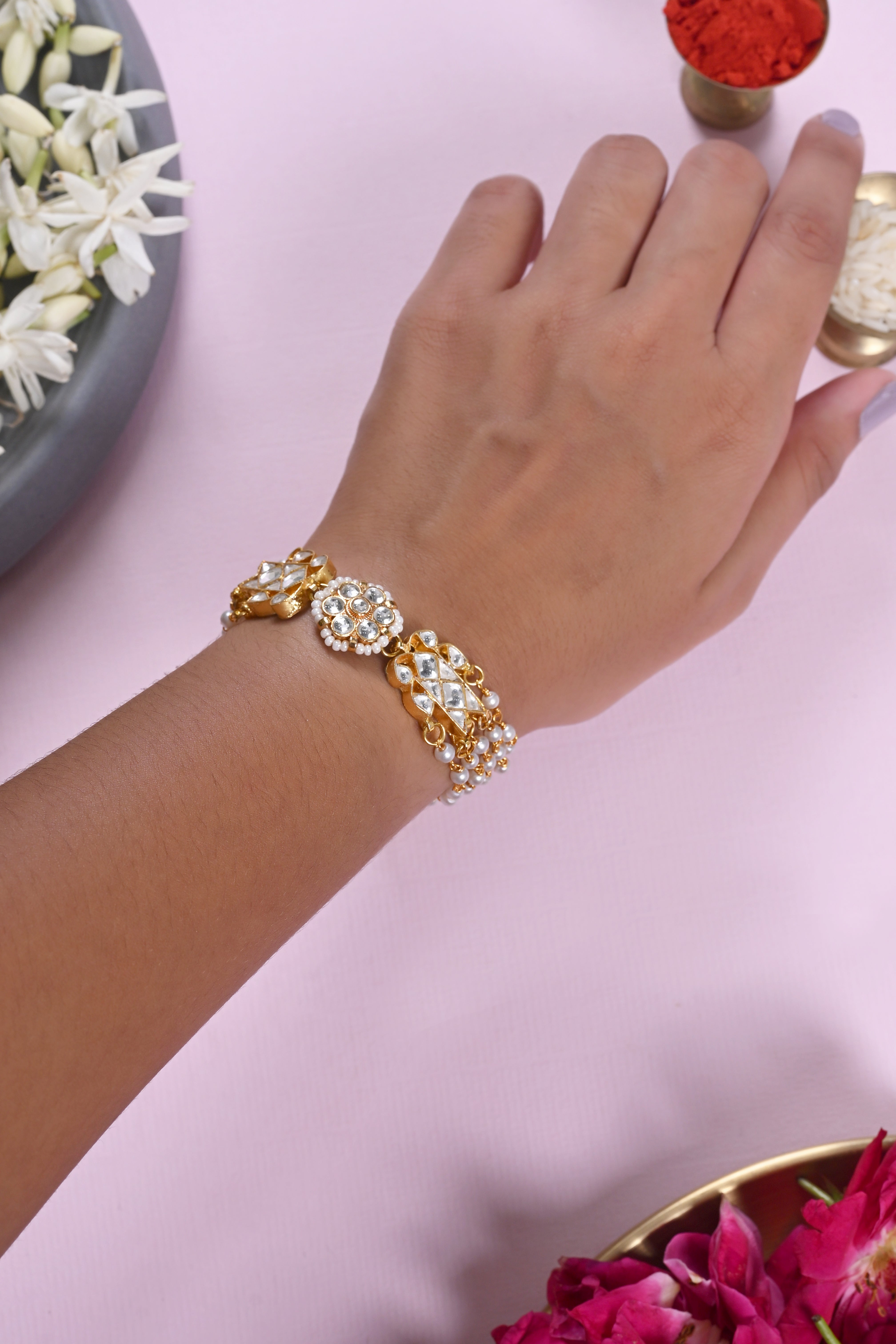 SJRB1043- White Colour Gold Plated Jadau Kundan Rakhi