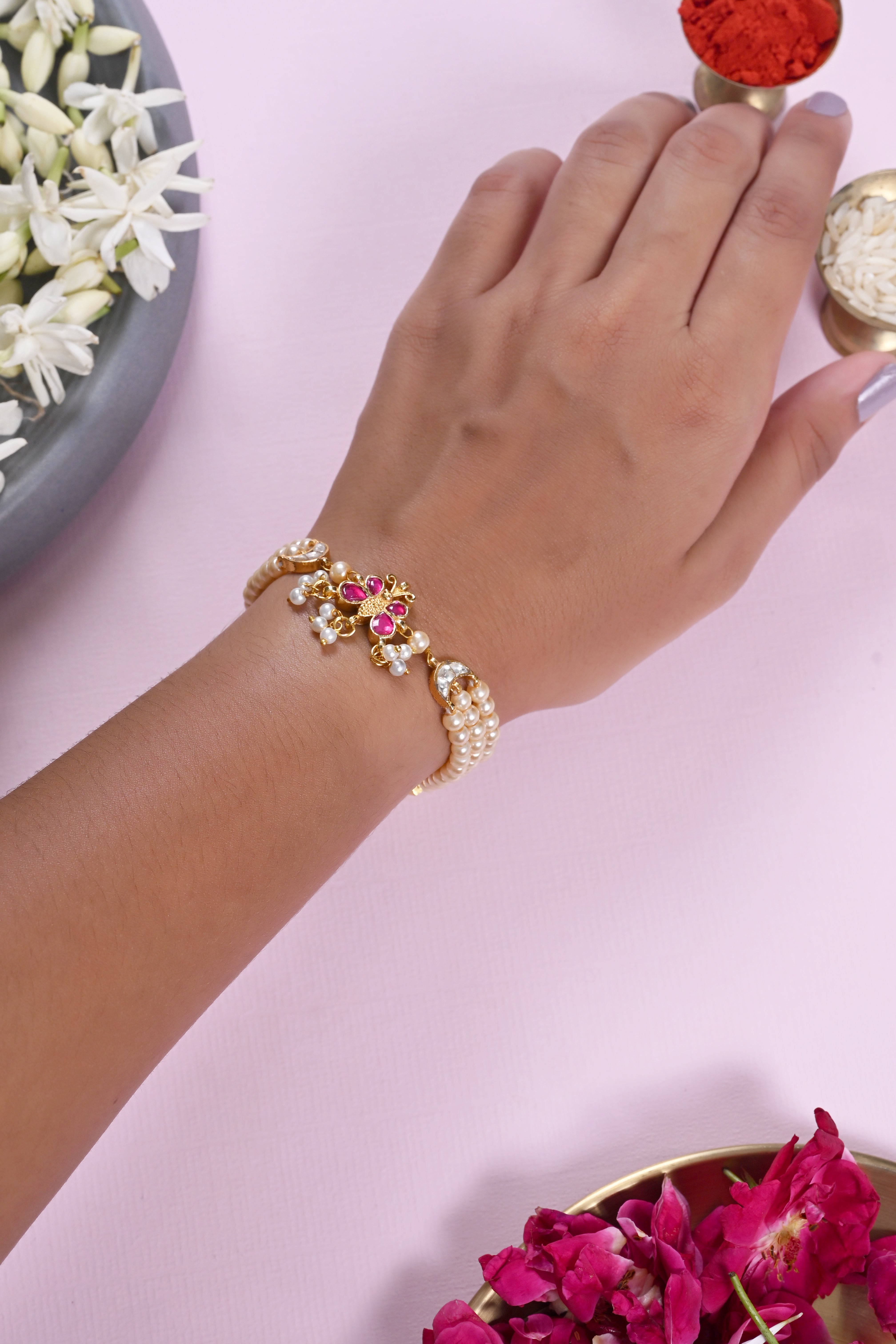 SJRB1042- Pink and White Colour Gold Plated Jadau Kundan Rakhi