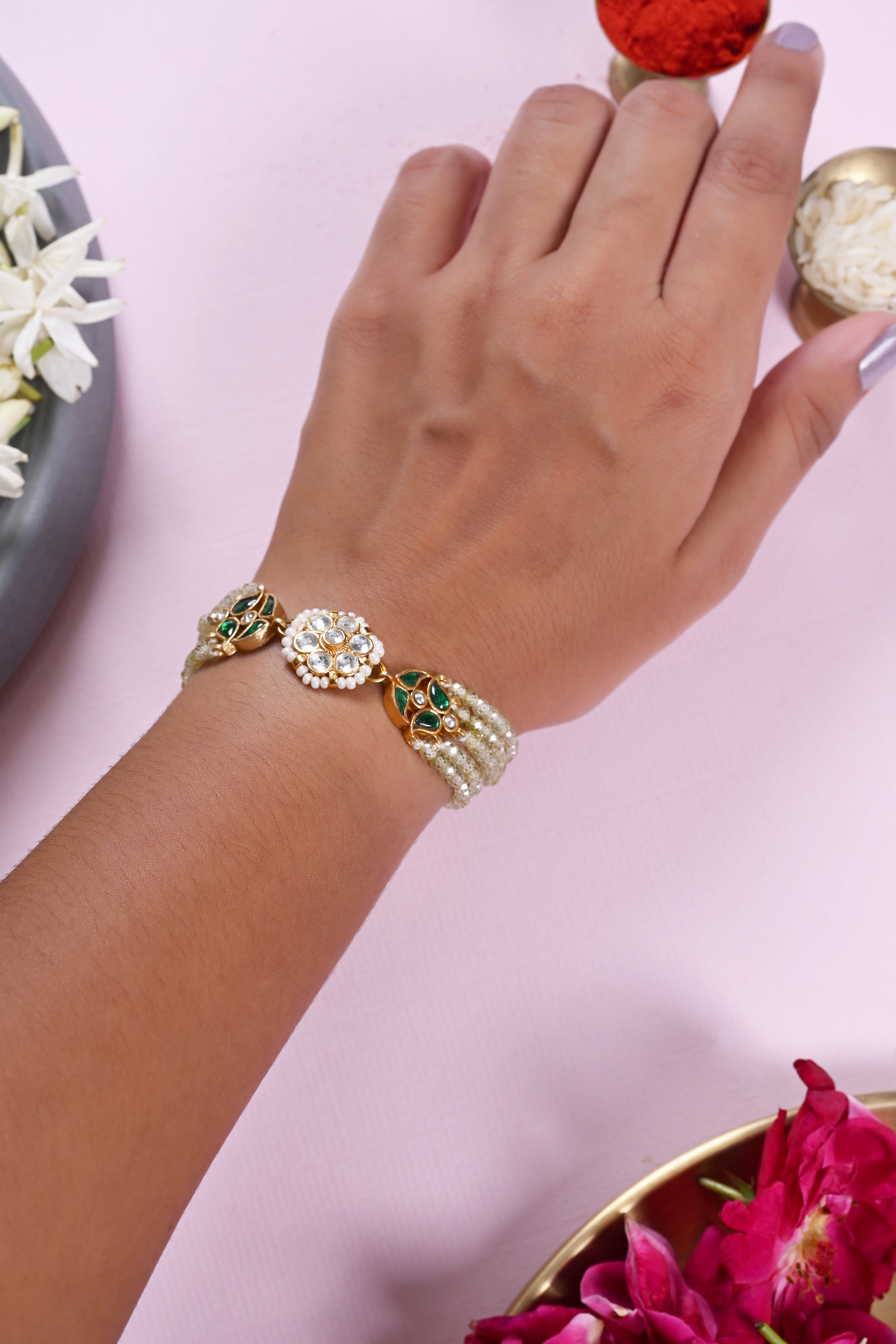 SJRB1039- White and Green Colour Gold Plated Jadau Kundan Rakhi