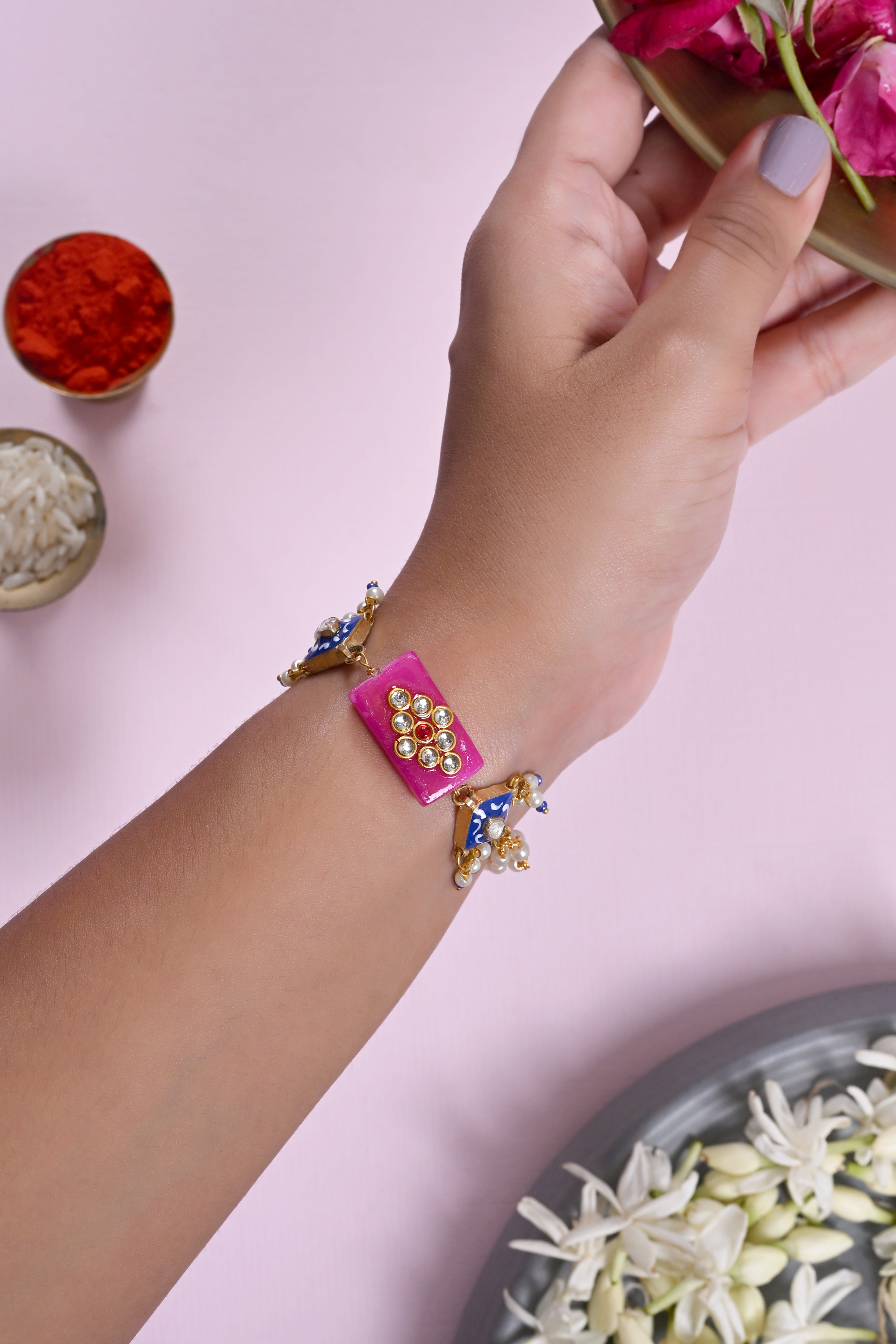 SJRB1041- Pink and Blue Colour Gold Plated Jadau Kundan Rakhi