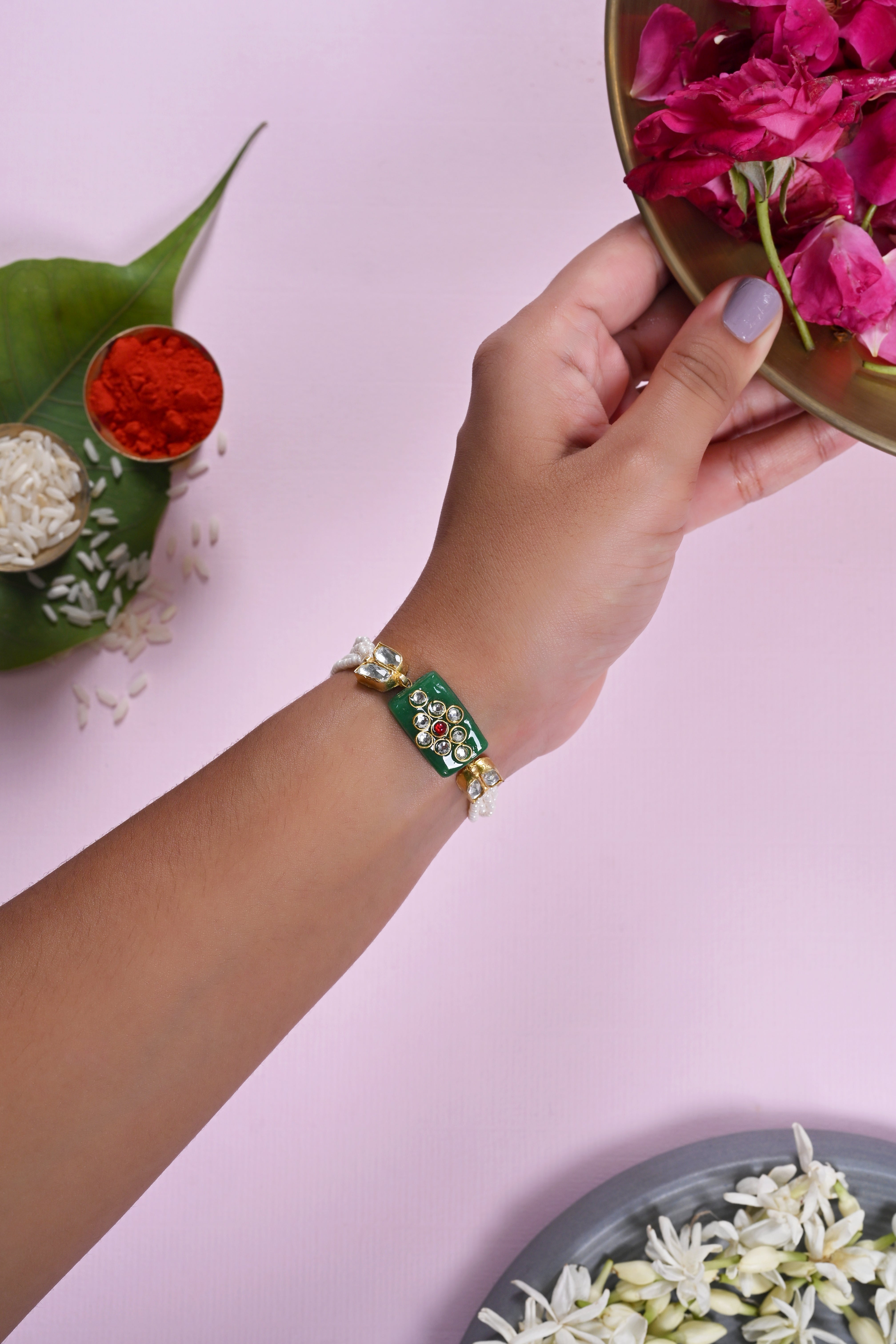 SJRB1036- Green and White Colour Gold Plated Jadau Kundan Rakhi