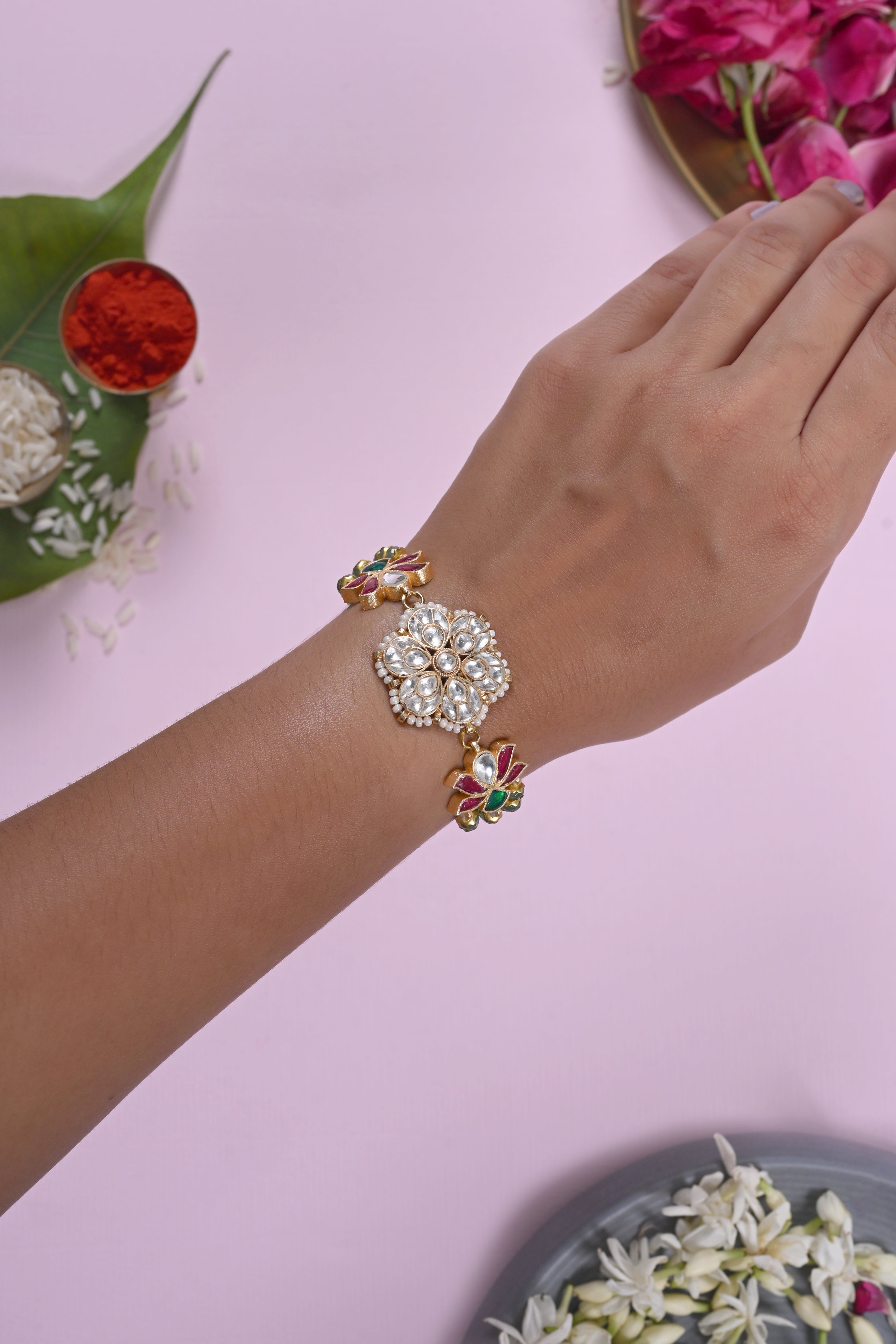 SJRB1035- Multi Colour Gold Plated Jadau Kundan Rakhi