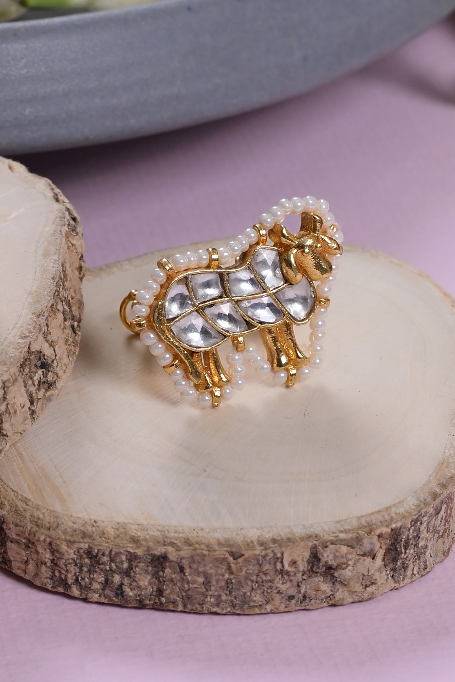 SJR0036- White Colour Cow Motif Gold Plated Jadau Kundan Ring