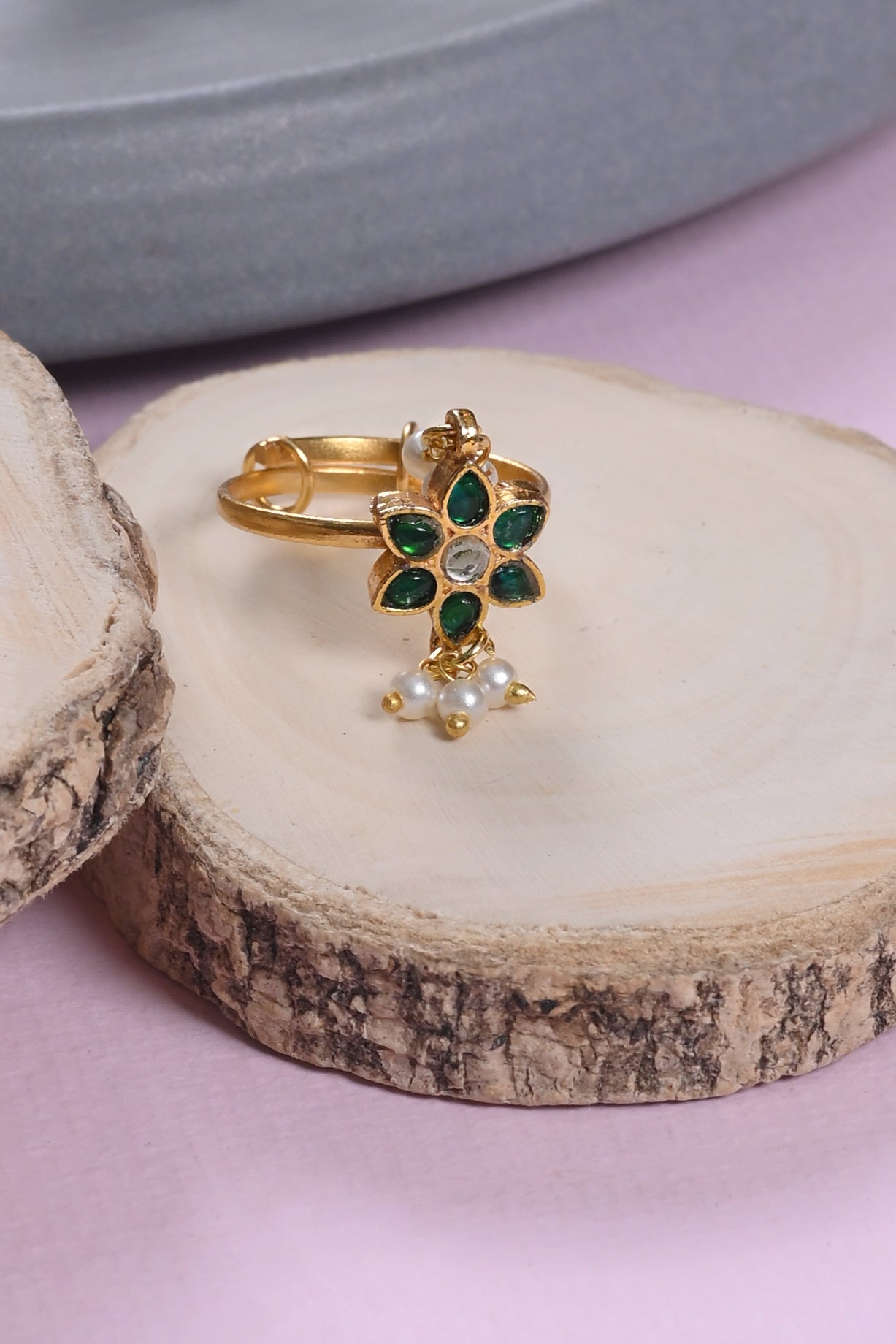 SJR0017- Green Colour Gold Plated Jadau Kundan Flower Motif Ring