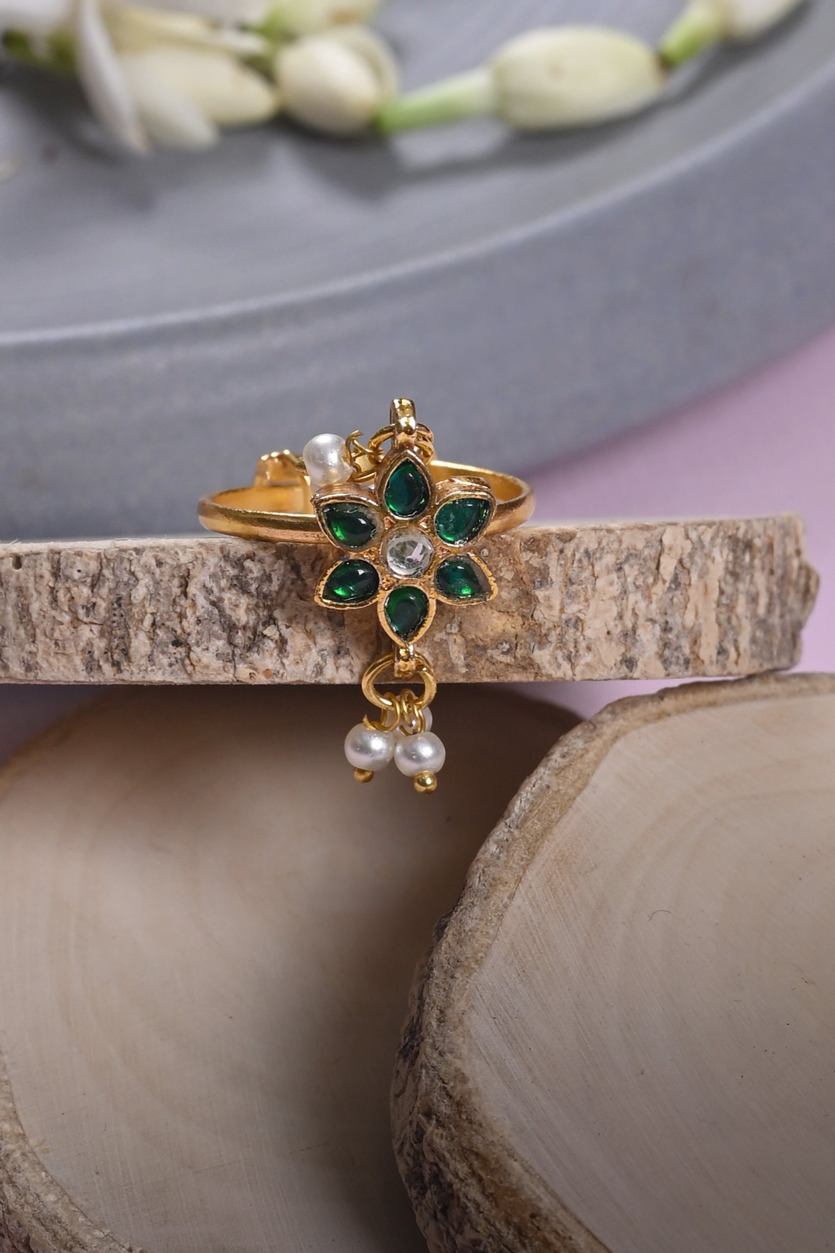 SJR0017- Green Colour Gold Plated Jadau Kundan Flower Motif Ring