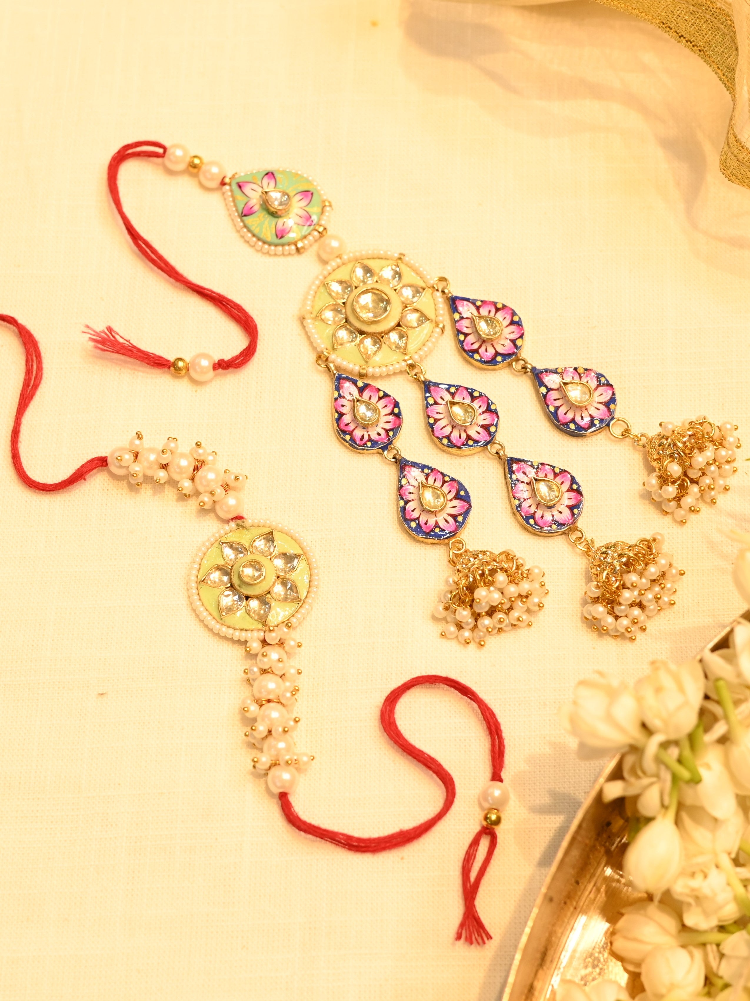 SJRB1001- Multi Colour Gold Plated Jadau Kundan Meenakari Couple Thread Rakhi
